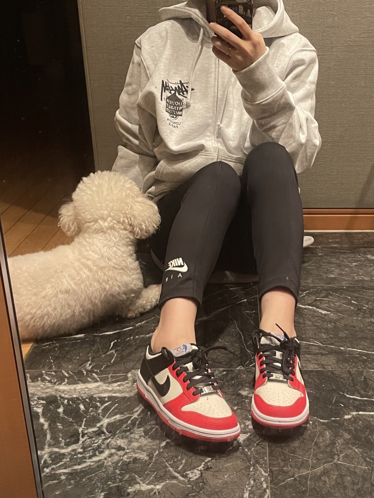Stussy DSM World Tour Zip Hoodie Ash Heather 2021, (GS) Nike x NBA Dunk Low Black and Chile Red 착용 스타일 - 2