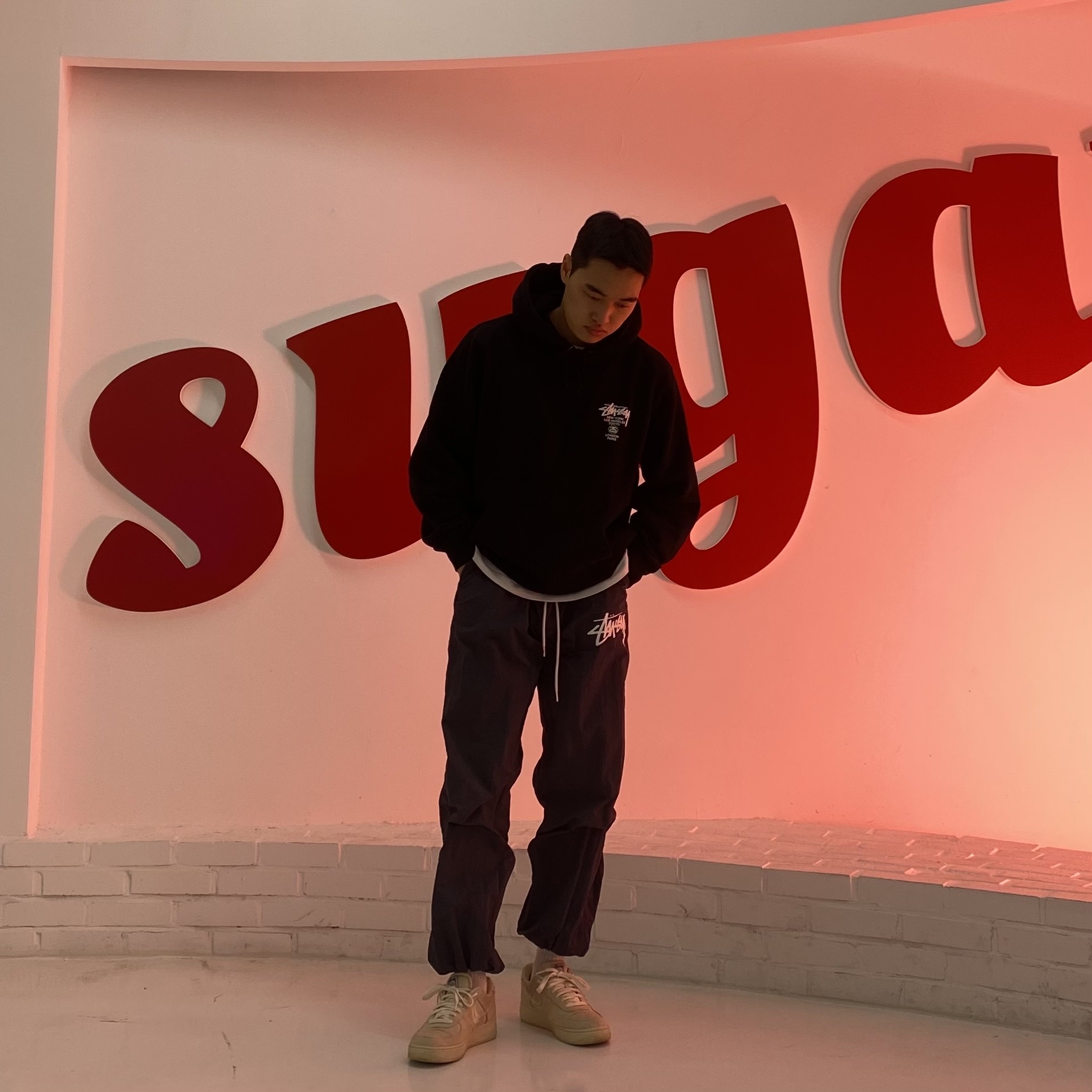 Nike x Stussy Beach Pants Off Noir, Nike x Stussy Air Force 1 Low Fossil 착용 스타일 - 2