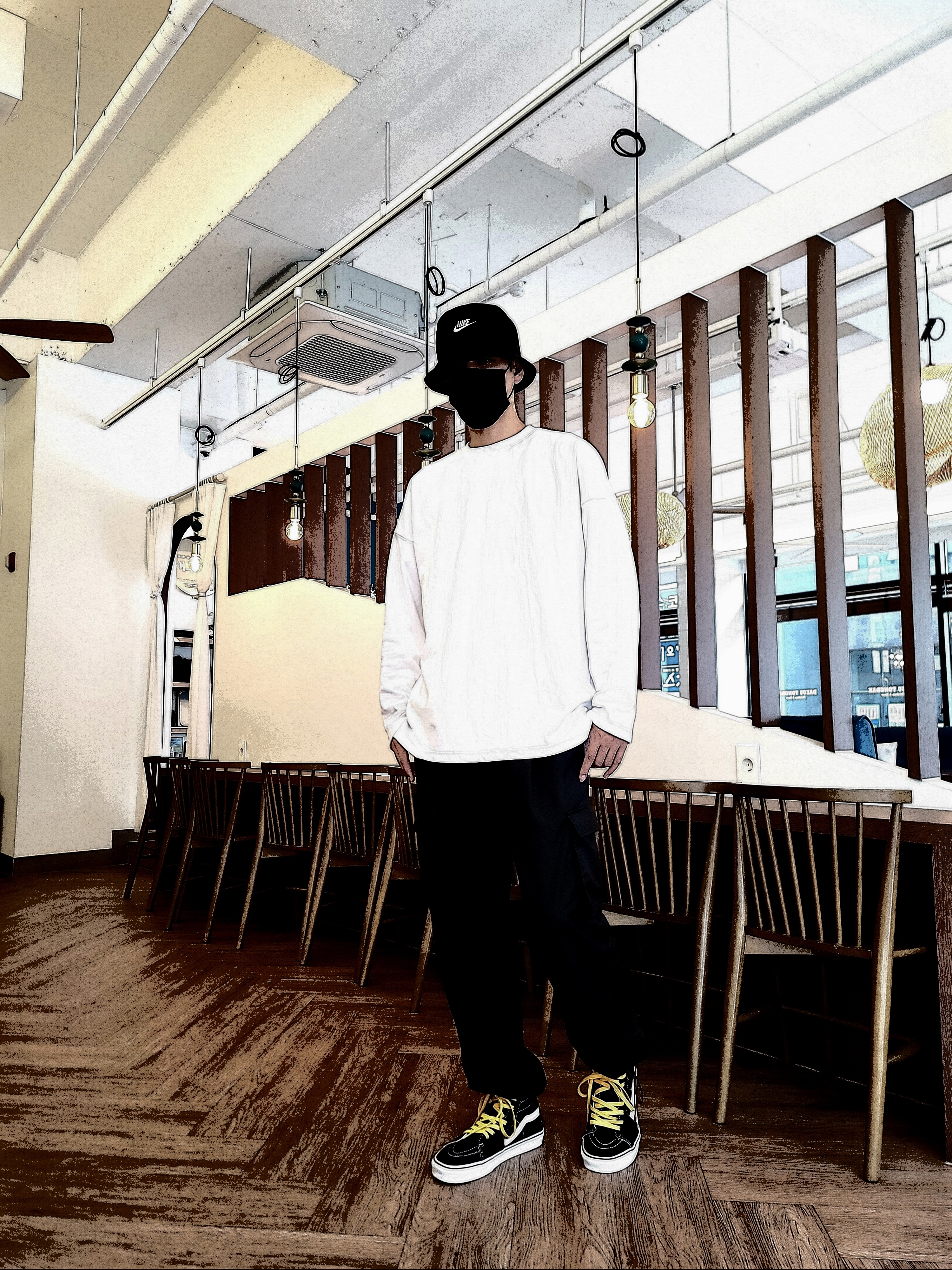 Vans Sk8-Hi Black White, Nike Futura Bucket Hat Black 착용 스타일