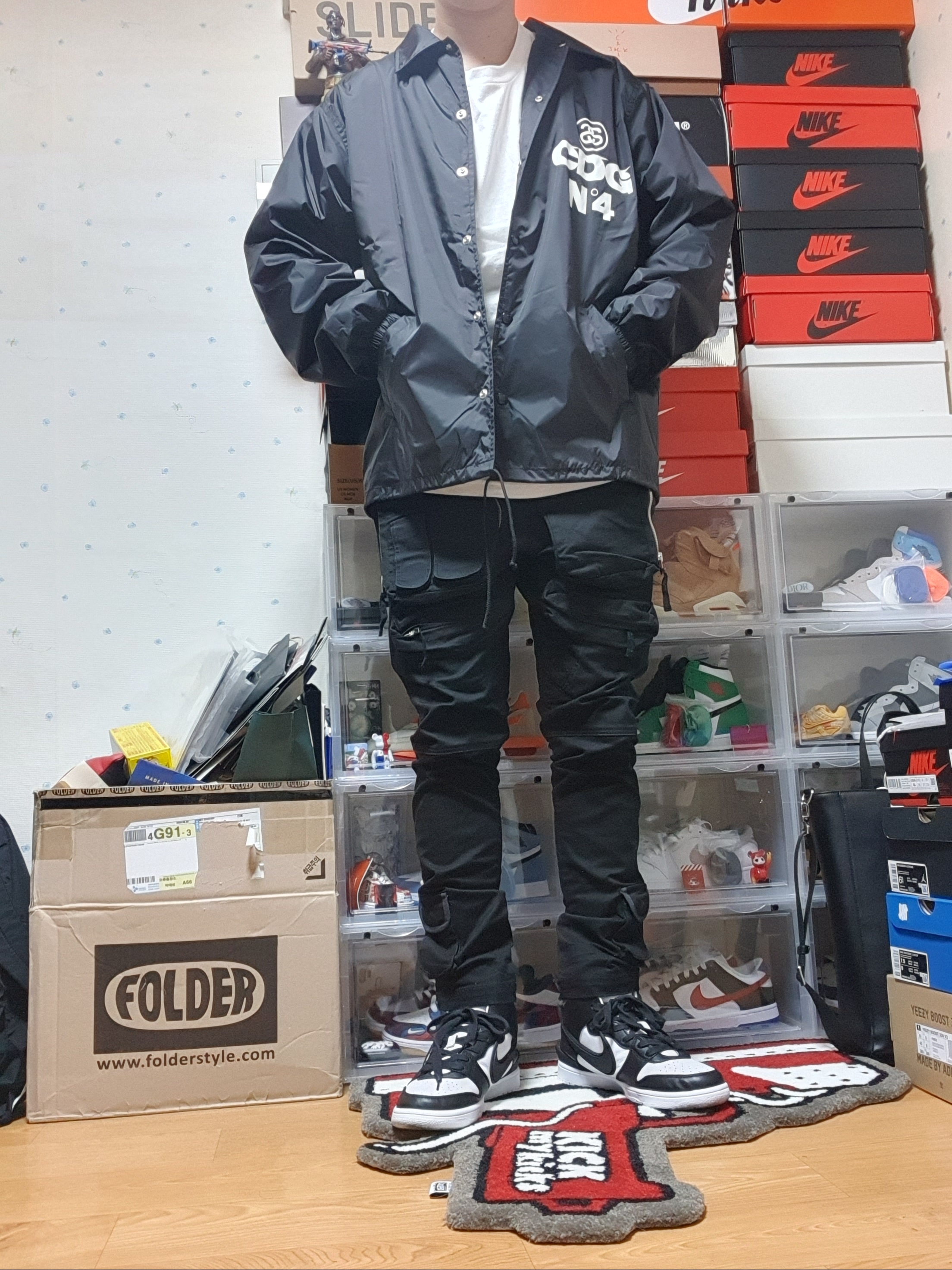 CDG x Stussy Coach Jacket Black, Nike x Ambush Dunk High Black 착용 스타일