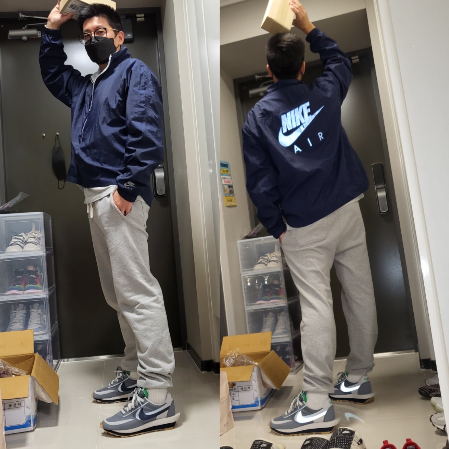 Nike x Sacai x Clot LDWaffle Cool Grey, Jordan 1 Retro High OG Hyper Royal 착용 스타일