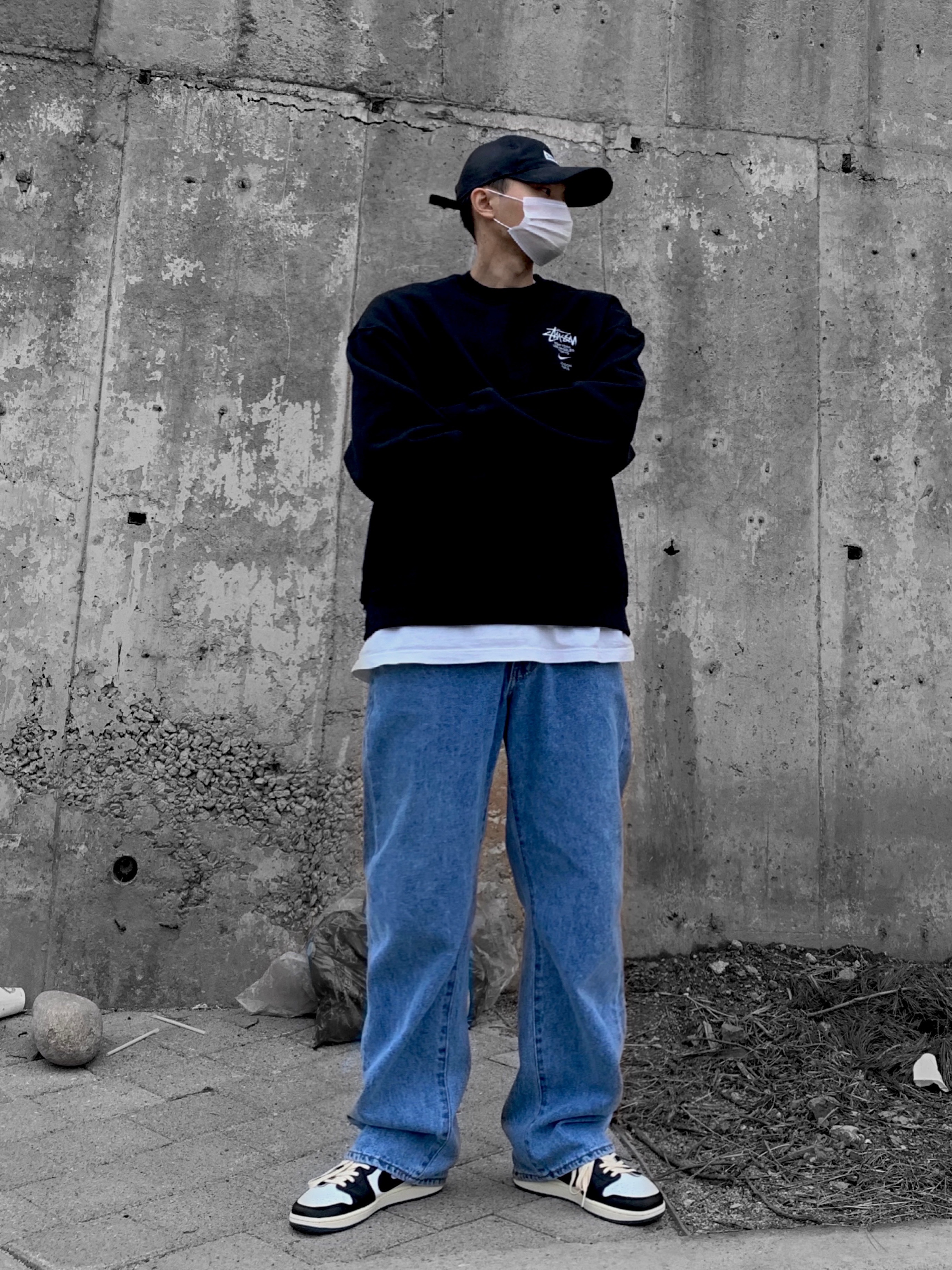 Nike x Stussy NRG ZR Fleece Crewneck Black - US/EU, Jordan 1 x Travis Scott x Fragment Retro Low OG SP Military Blue 착용 스타일