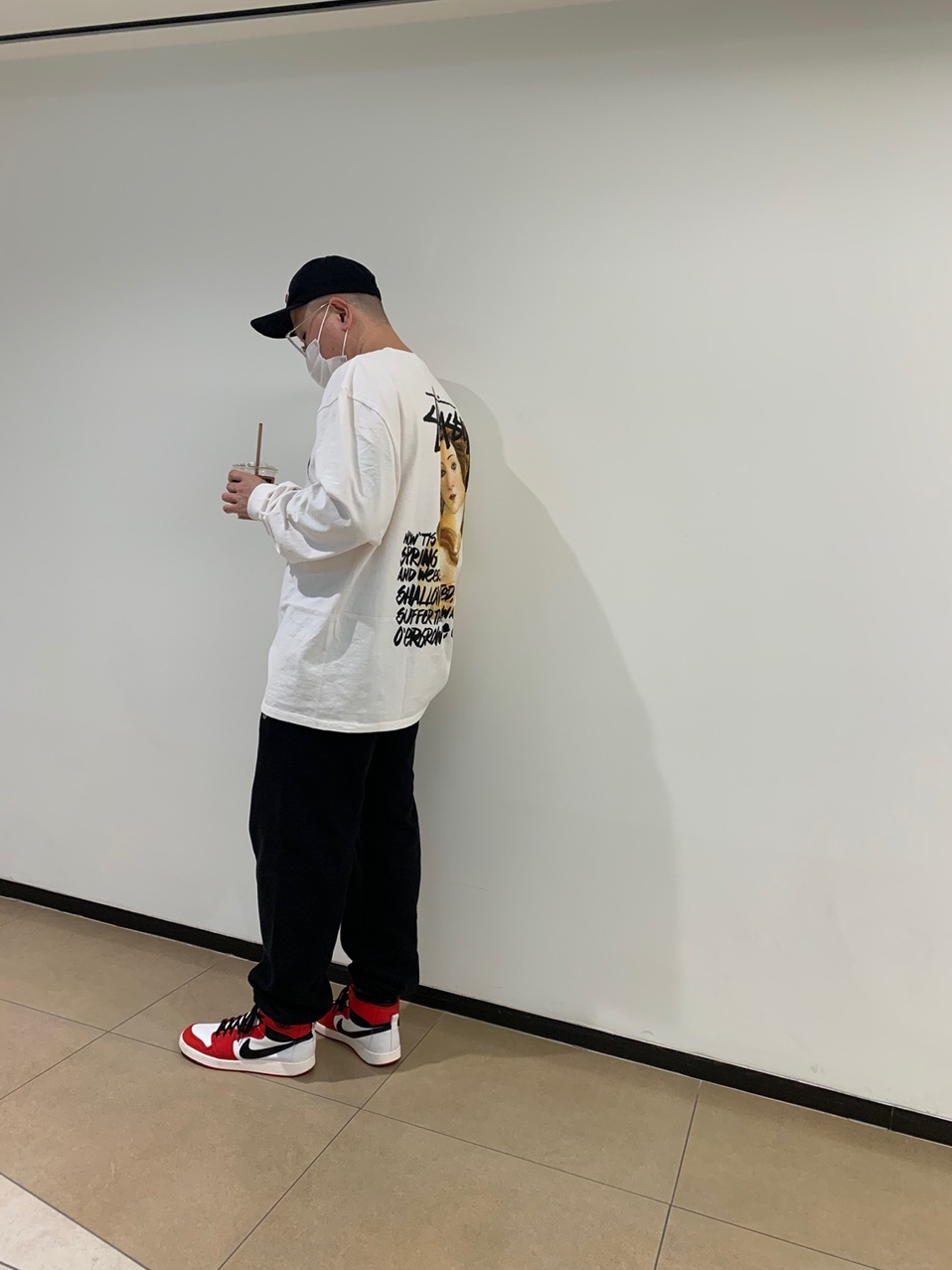 Jordan 1 KO Chicago 2021, Stussy Spring Weeds Pigment Dyed LS T-Shirt Natural 착용 스타일 - 1