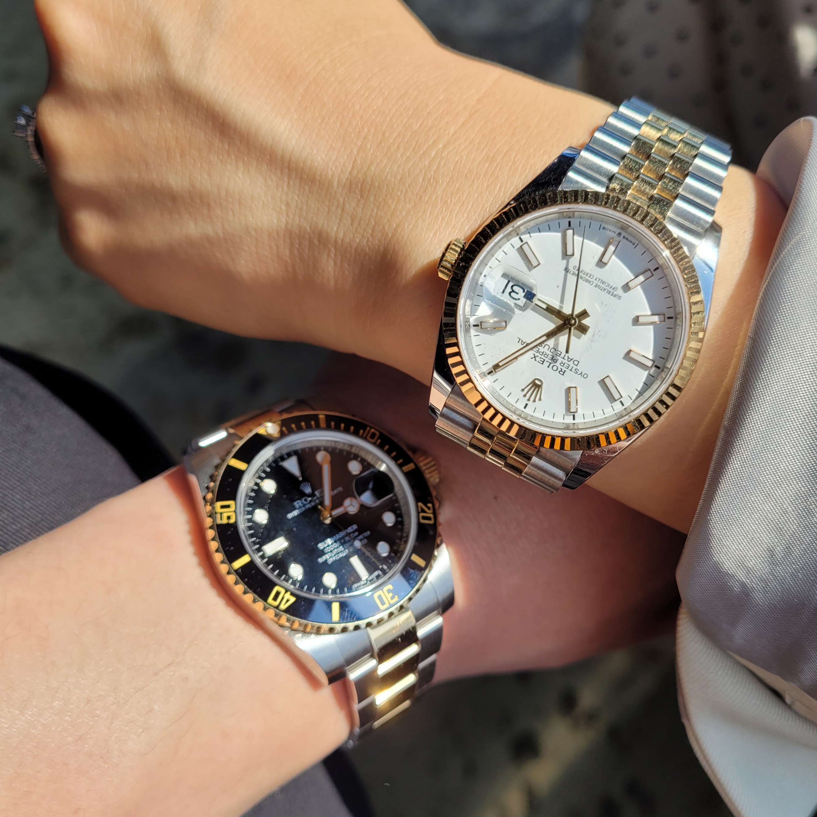 Rolex Submariner Date 40mm 116613LN Black Oyster, Rolex Datejust 36mm 126233 White Jubilee 착용 스타일