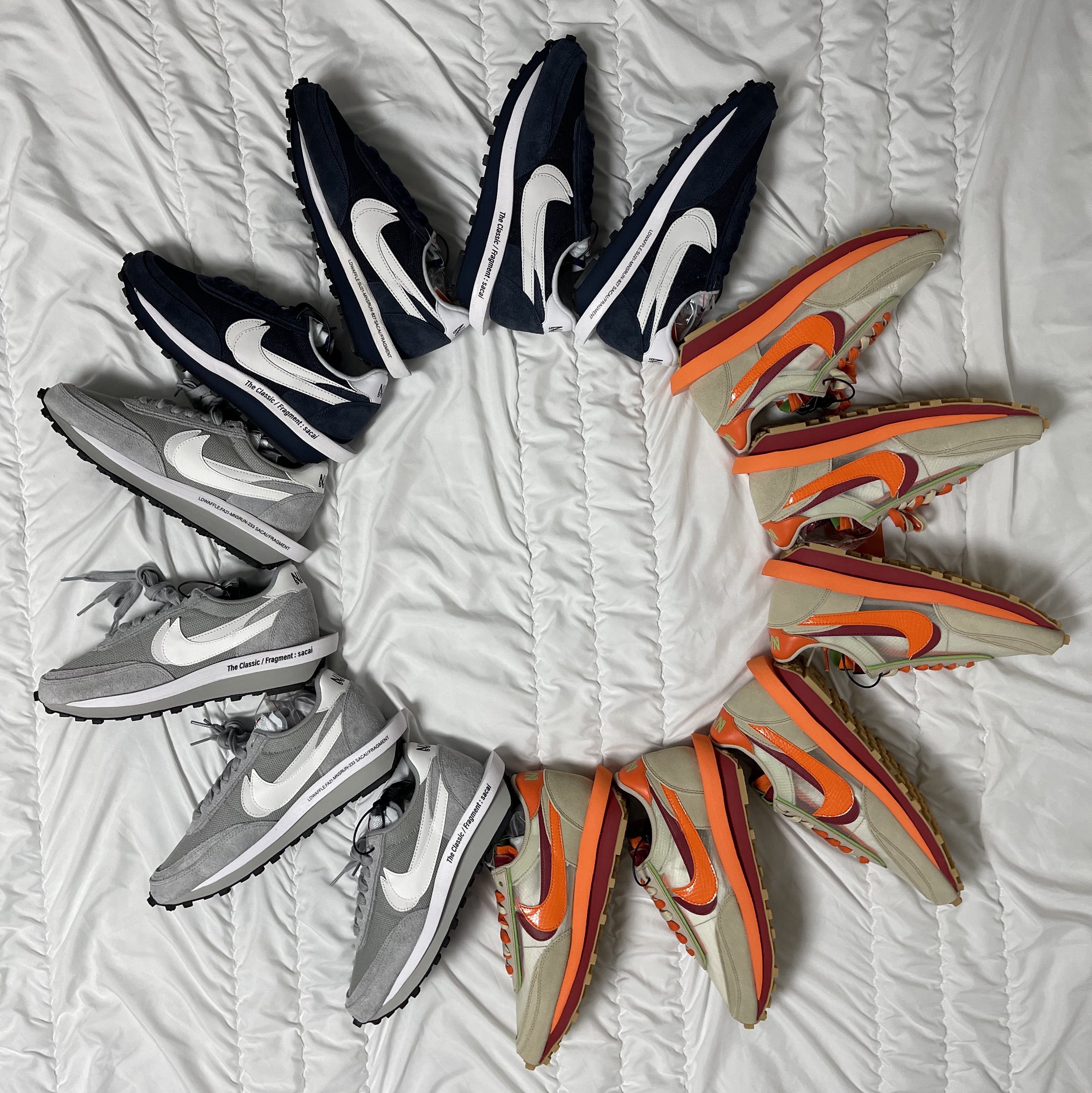 Nike x Sacai x Fragment LDWaffle Light Smoke Grey, Nike x Sacai x Fragment LDWaffle Blackened Blue 착용 스타일