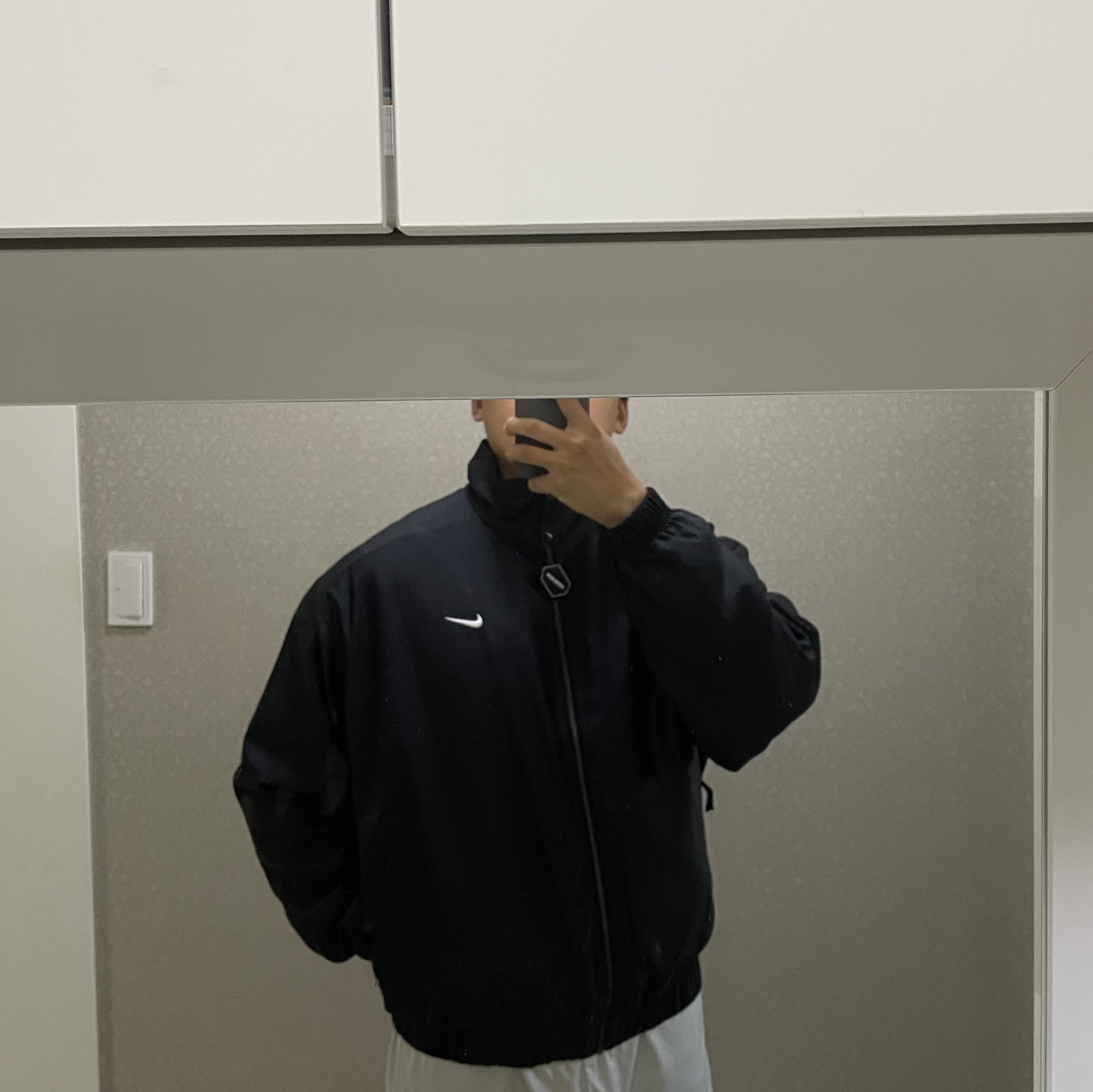 Nike NRG Solo Swoosh Satin Bomber Jacket Black Kumquat - Asia 착용 스타일