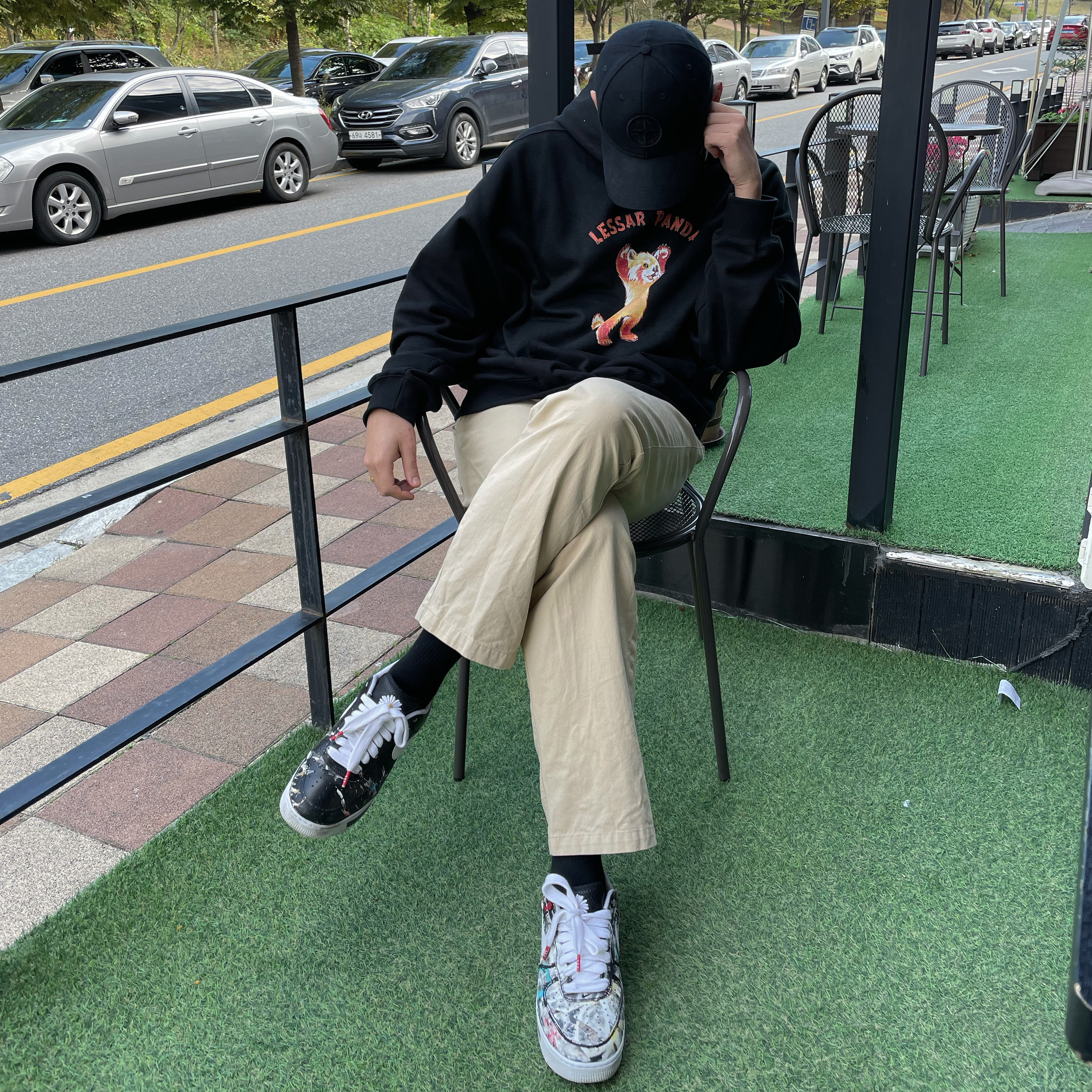 Nike x Peaceminusone Air Force 1 Low Para-Noise, Stone Island 99175 Cap Black - 20FW 착용 스타일