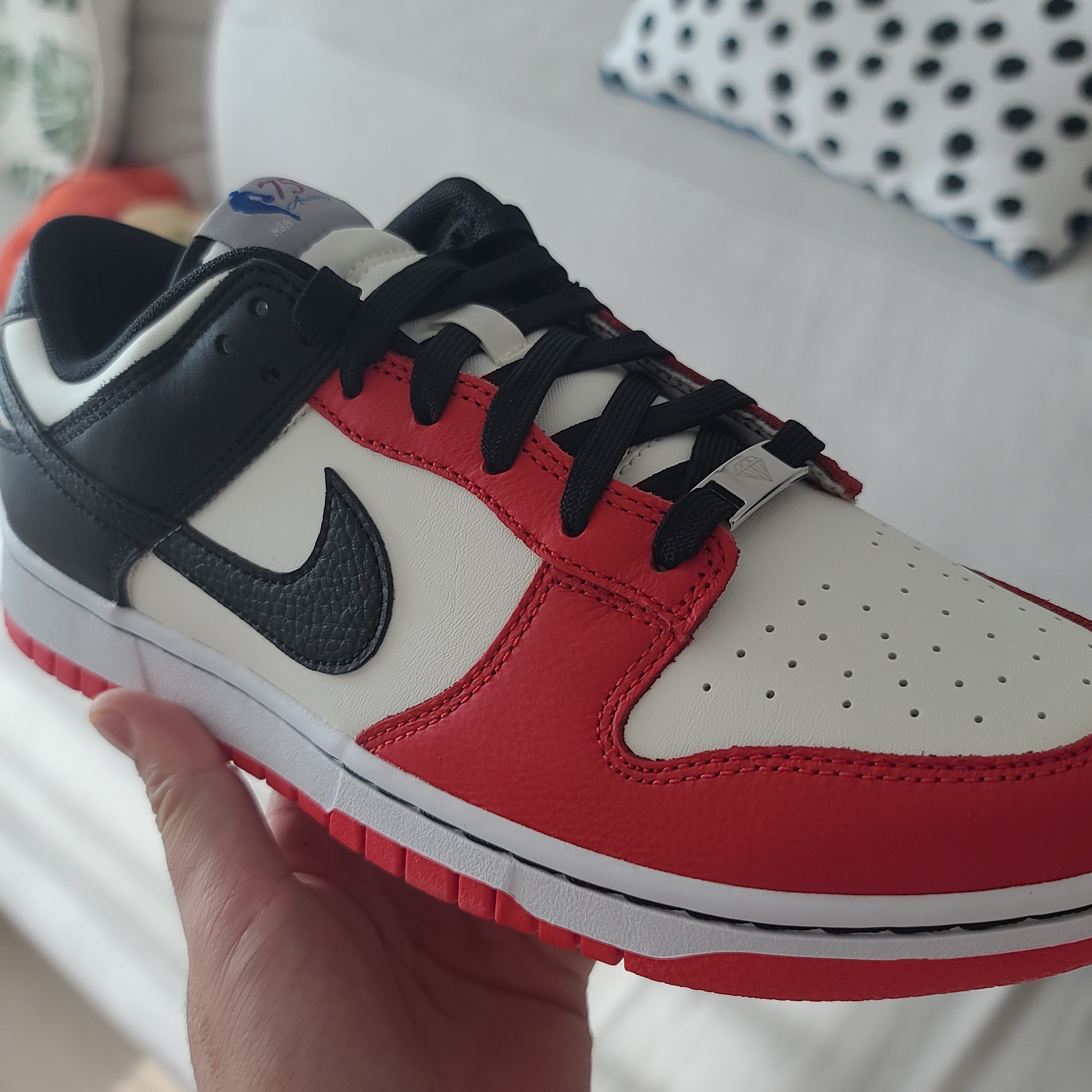 Nike x NBA Dunk Low Retro EMB Black and Chile Red 착용 스타일