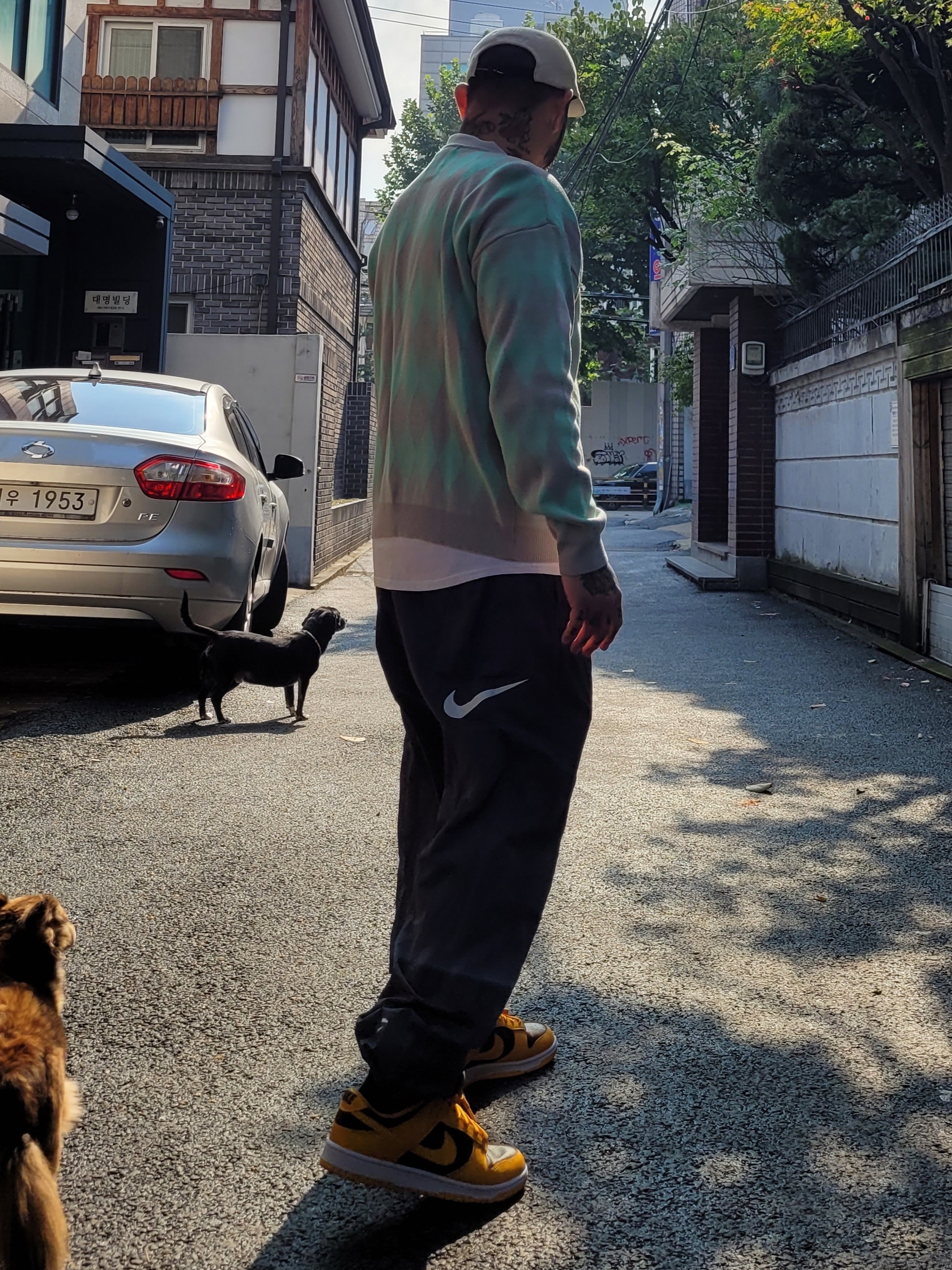 Nike Dunk Low Retro Championship Goldenrod, Nike x Stussy Beach Pants Off Noir 착용 스타일 - 1