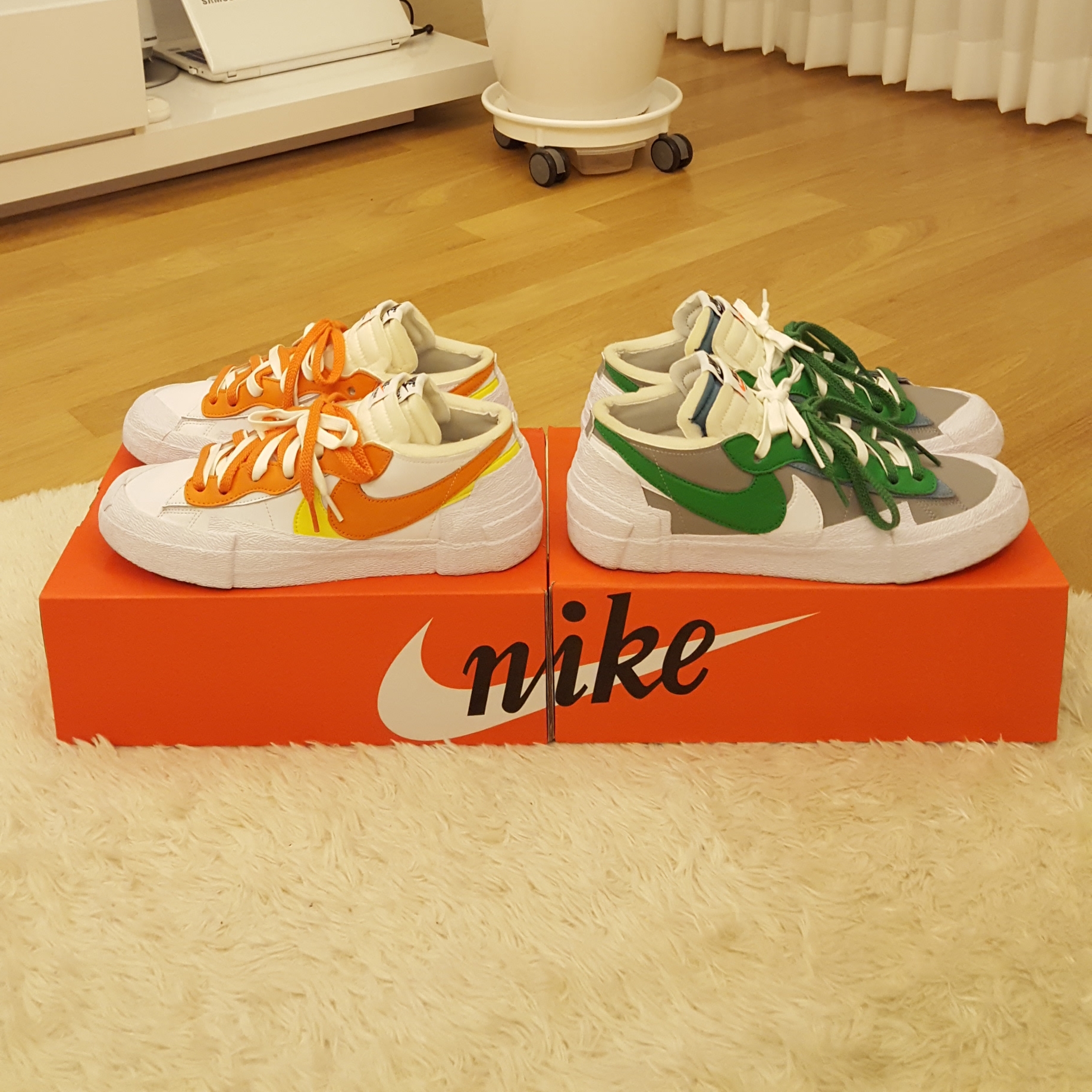 Nike x Sacai Blazer Low Classic Green, Nike x Sacai Blazer Low Magma Orange 착용 스타일