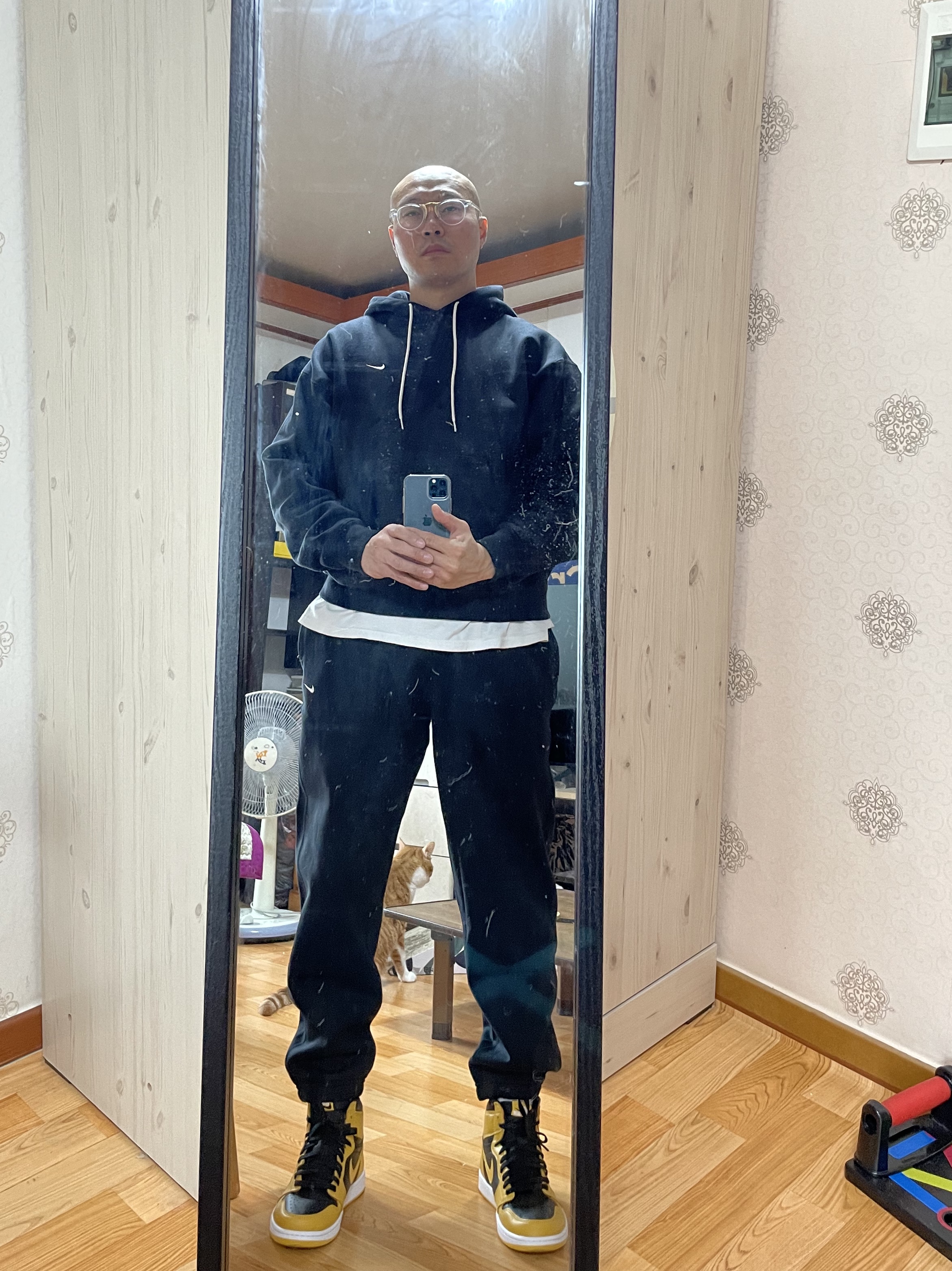 Jordan 1 Retro High OG Pollen, Nike NRG Solo Swoosh Fleece Hoodie Black White - Asia 착용 스타일