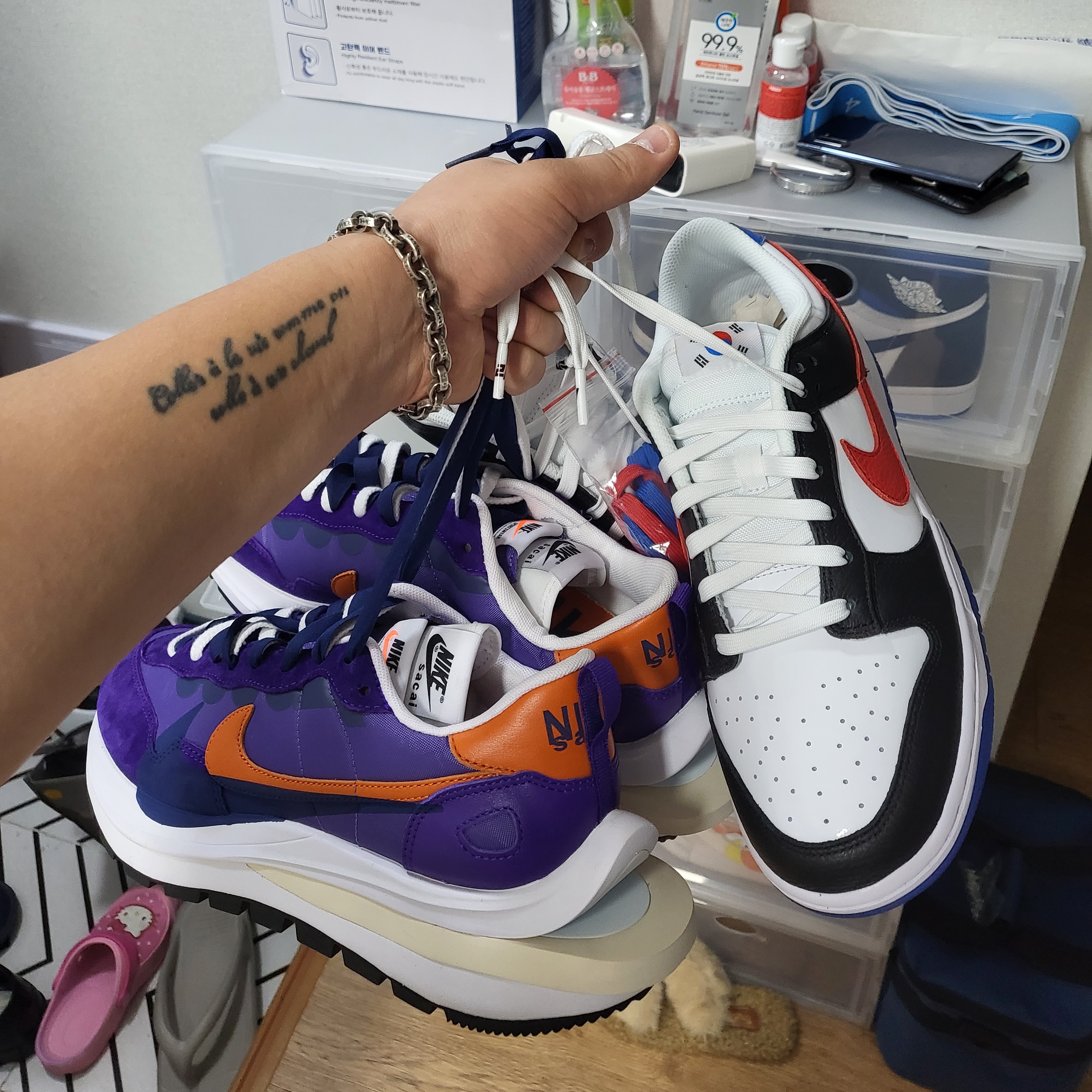 Nike x Sacai VaporWaffle Dark Iris, Nike Dunk Low SE Seoul 착용 스타일