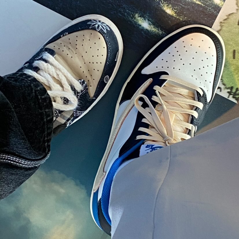 Nike x Travis Scott SB Dunk Low, Jordan 1 x Travis Scott x Fragment Retro Low OG SP Military Blue 착용 스타일