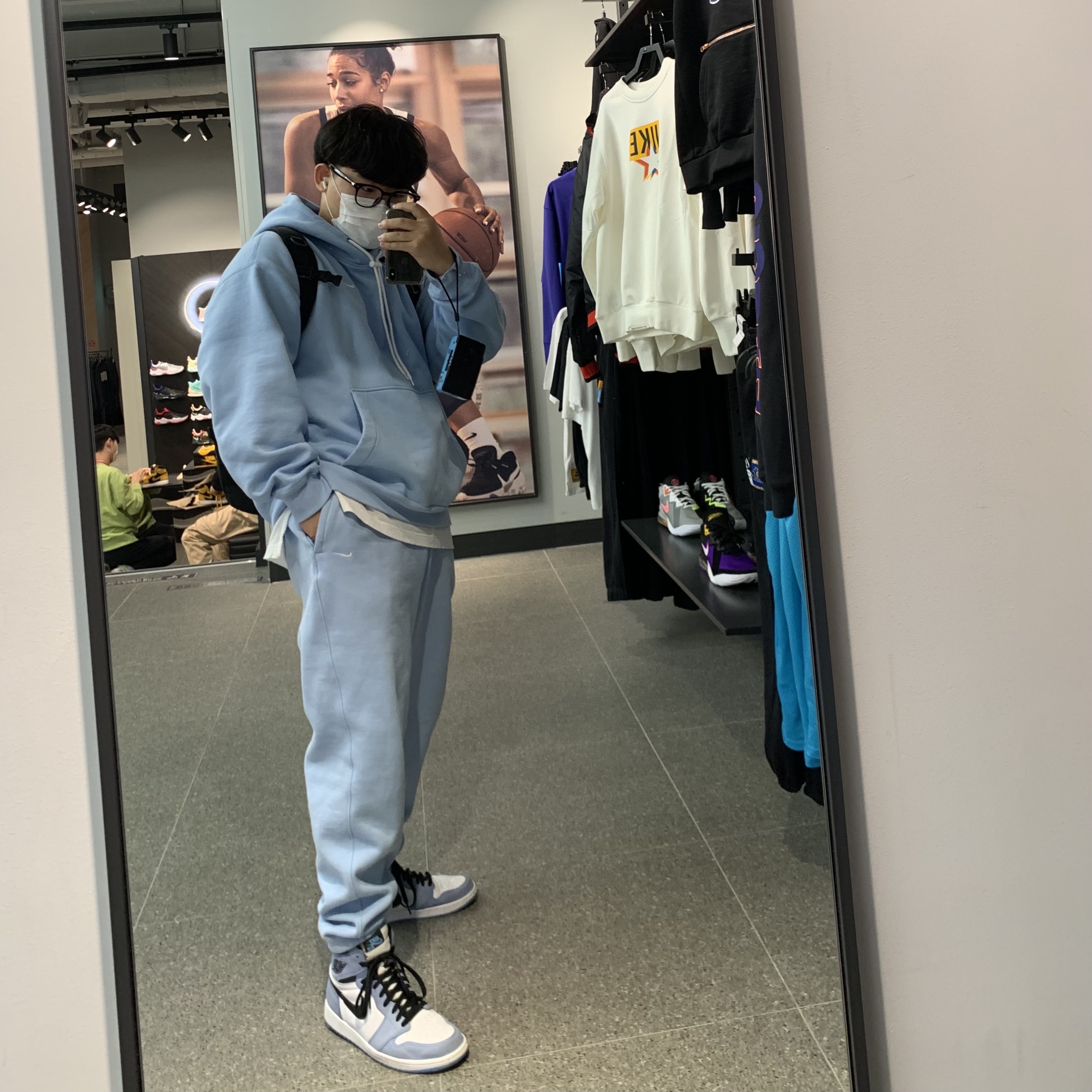 Nike M NRG Hoodie Psychic Blue, Nike NRG Solo Swoosh Fleece Pants Psychic Blue - US/EU 착용 스타일