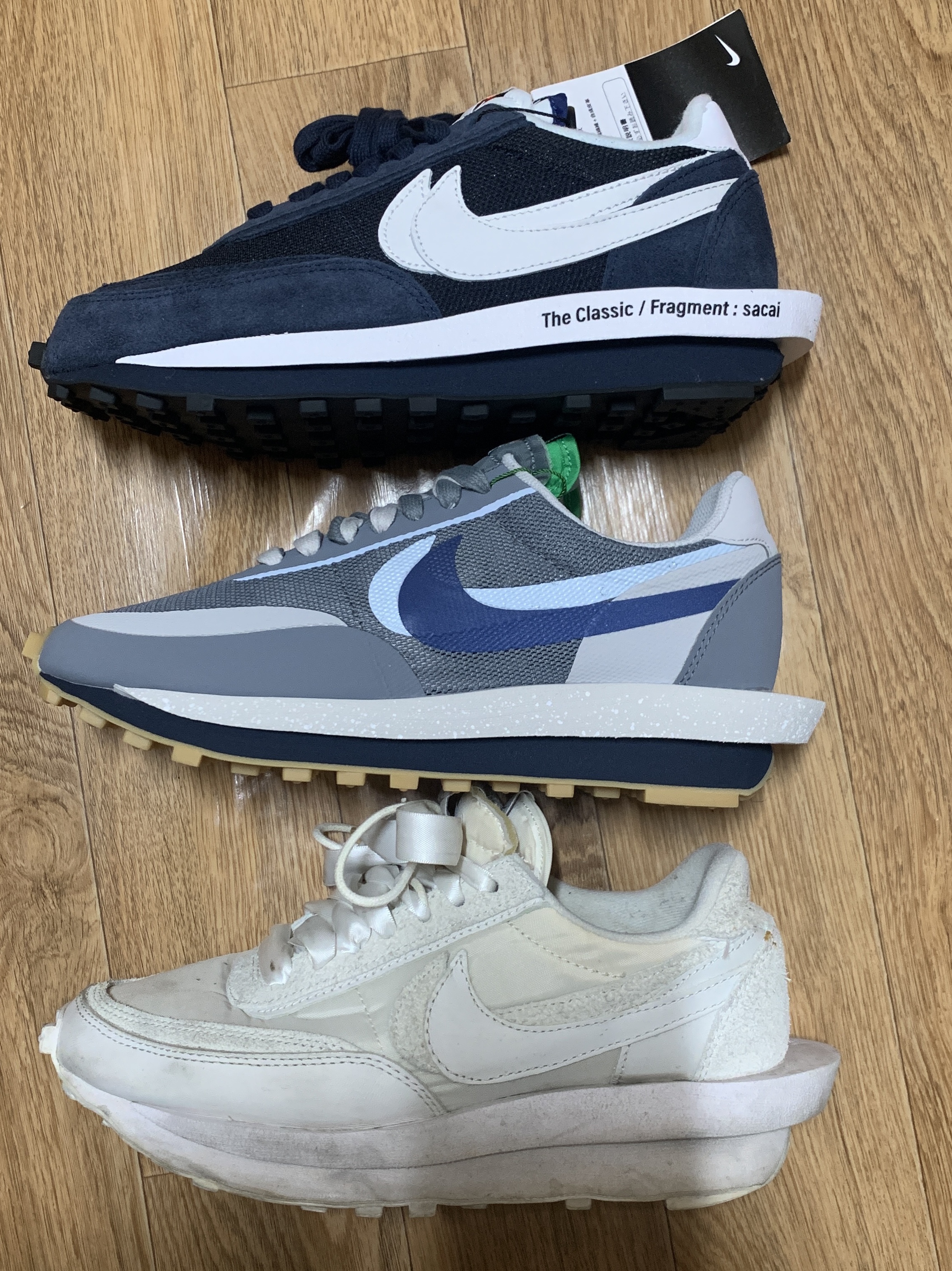 Nike x Sacai x Clot LDWaffle Cool Grey, Nike x Sacai x Fragment LDWaffle Blackened Blue 착용 스타일