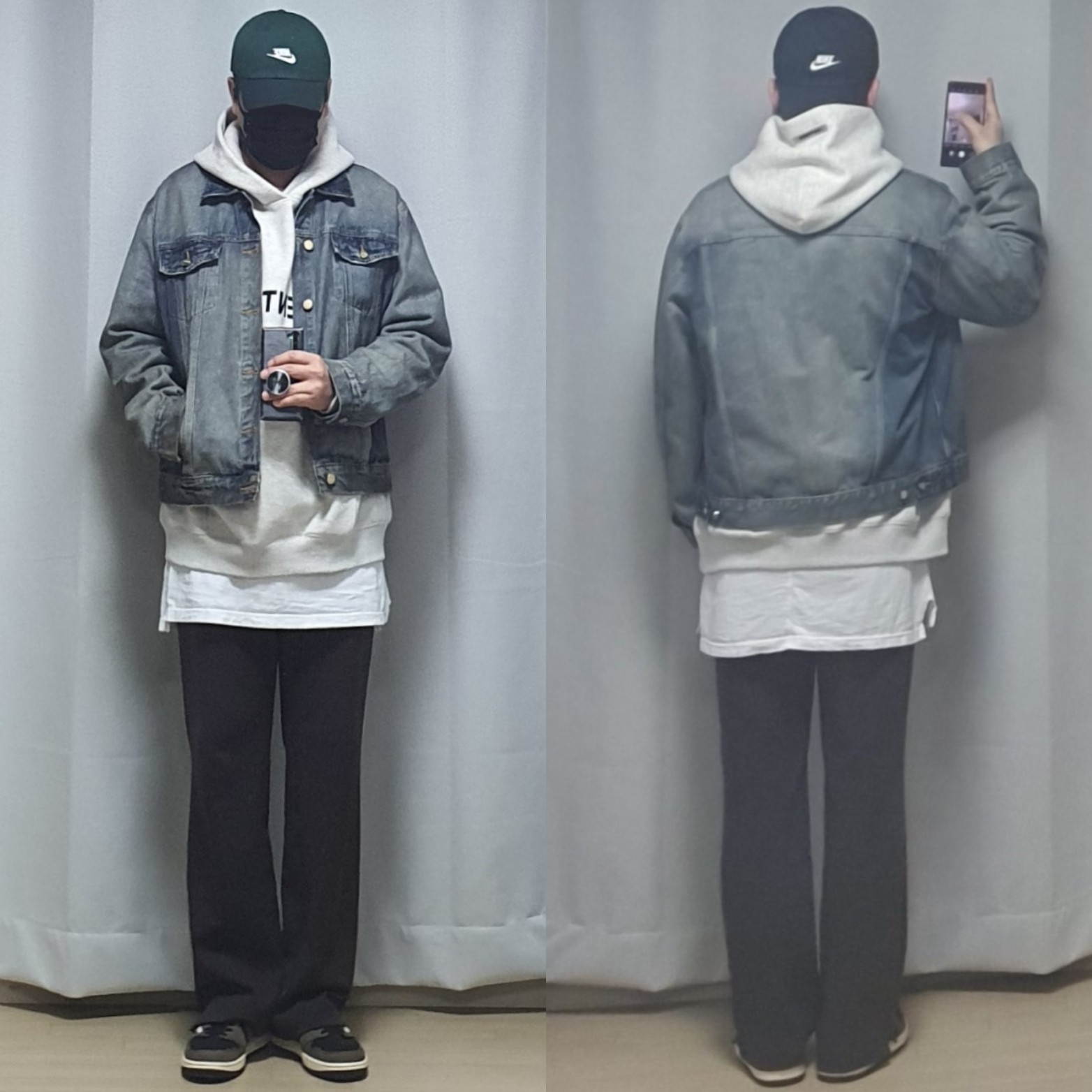 Essentials 3D Silicon Applique Pullover Hoodie Oatmeal/Oatmeal Heather/Light Heather Oatmeal 2020, Essentials Denim Trucker Jacket Distressed Indigo - 20FW 착용 스타일 - 1