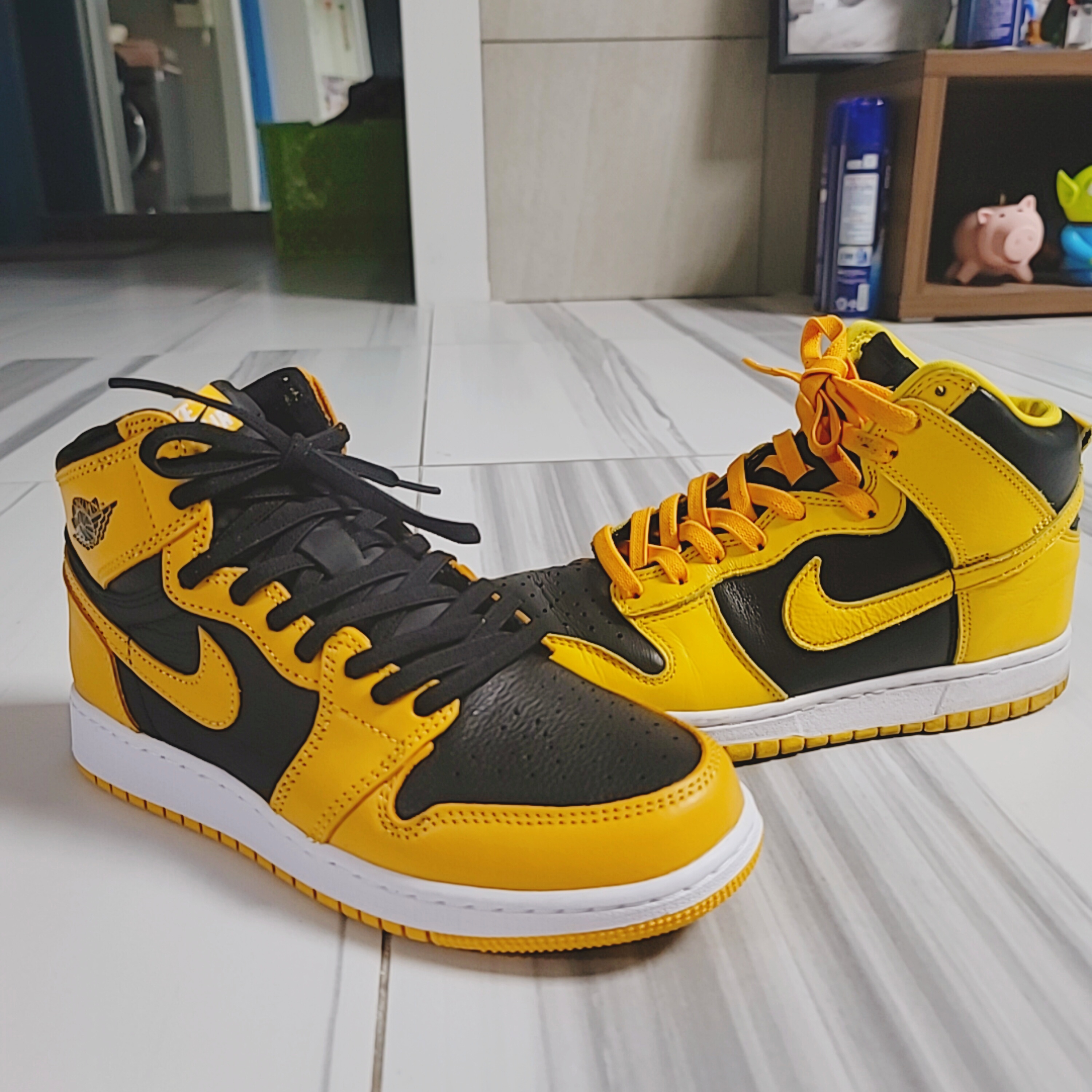 (GS) Jordan 1 Retro High OG Pollen, Nike Dunk High SP Varsity Maize 착용 스타일
