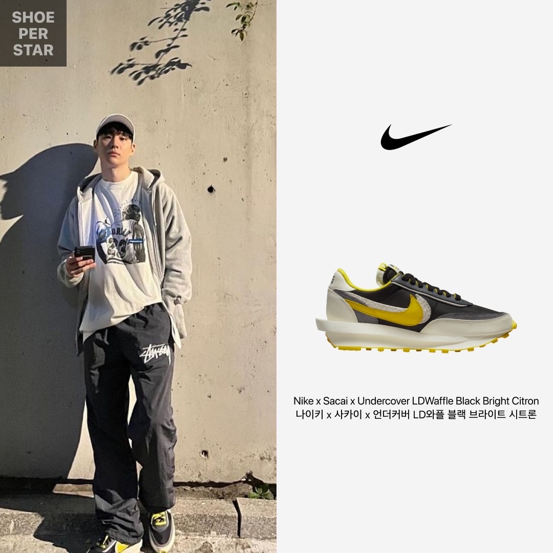 Nike x Sacai x Undercover LDWaffle Black Bright Citron, Jordan x Travis Scott x Fragment T-Shirt Sail (DJ0619-133) 착용 스타일 - 1