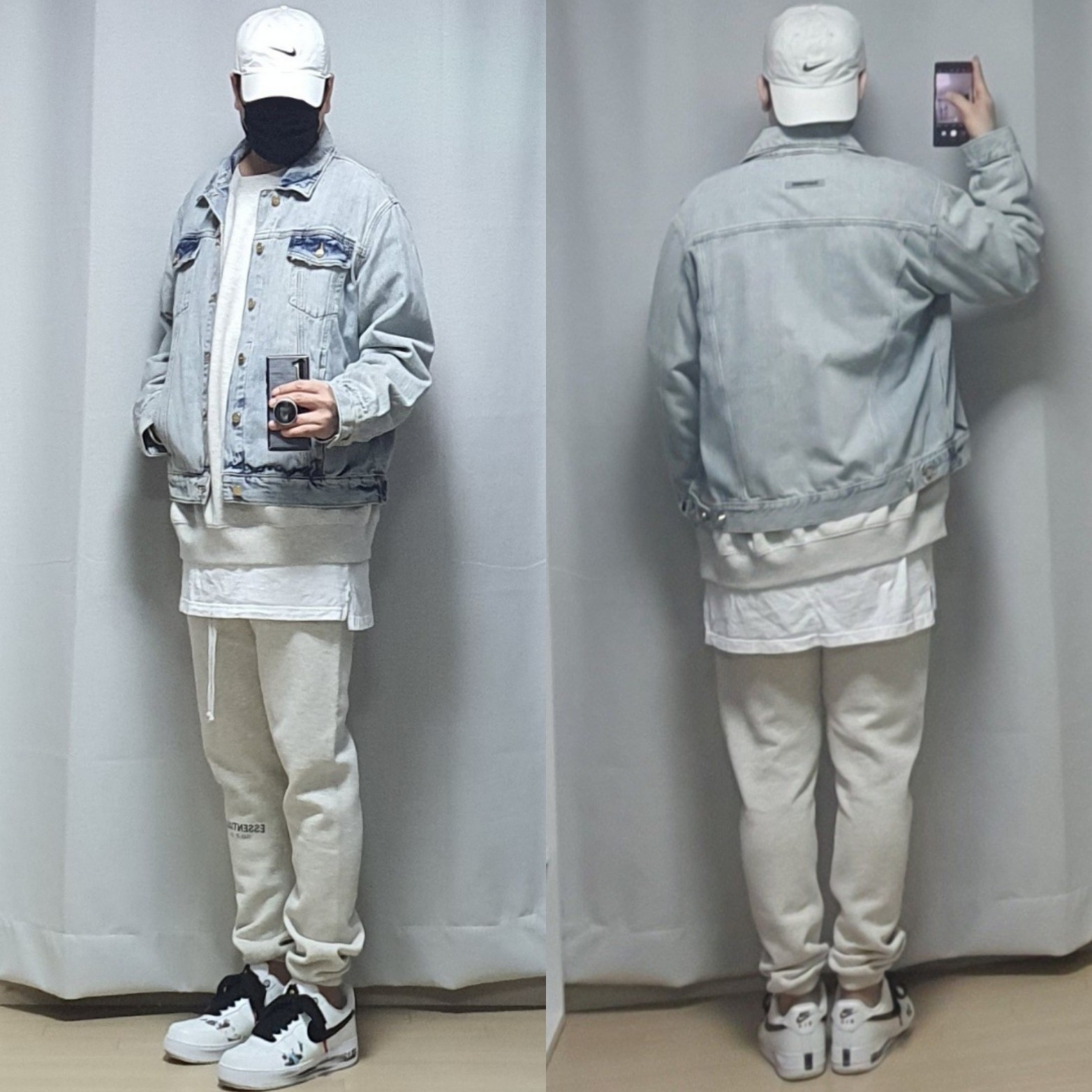 Essentials Denim Trucker Jacket Light Indigo - 20FW, Essentials Pull-Over Crewneck Sweatshirt Oatmeal - 21SS 착용 스타일 - 1