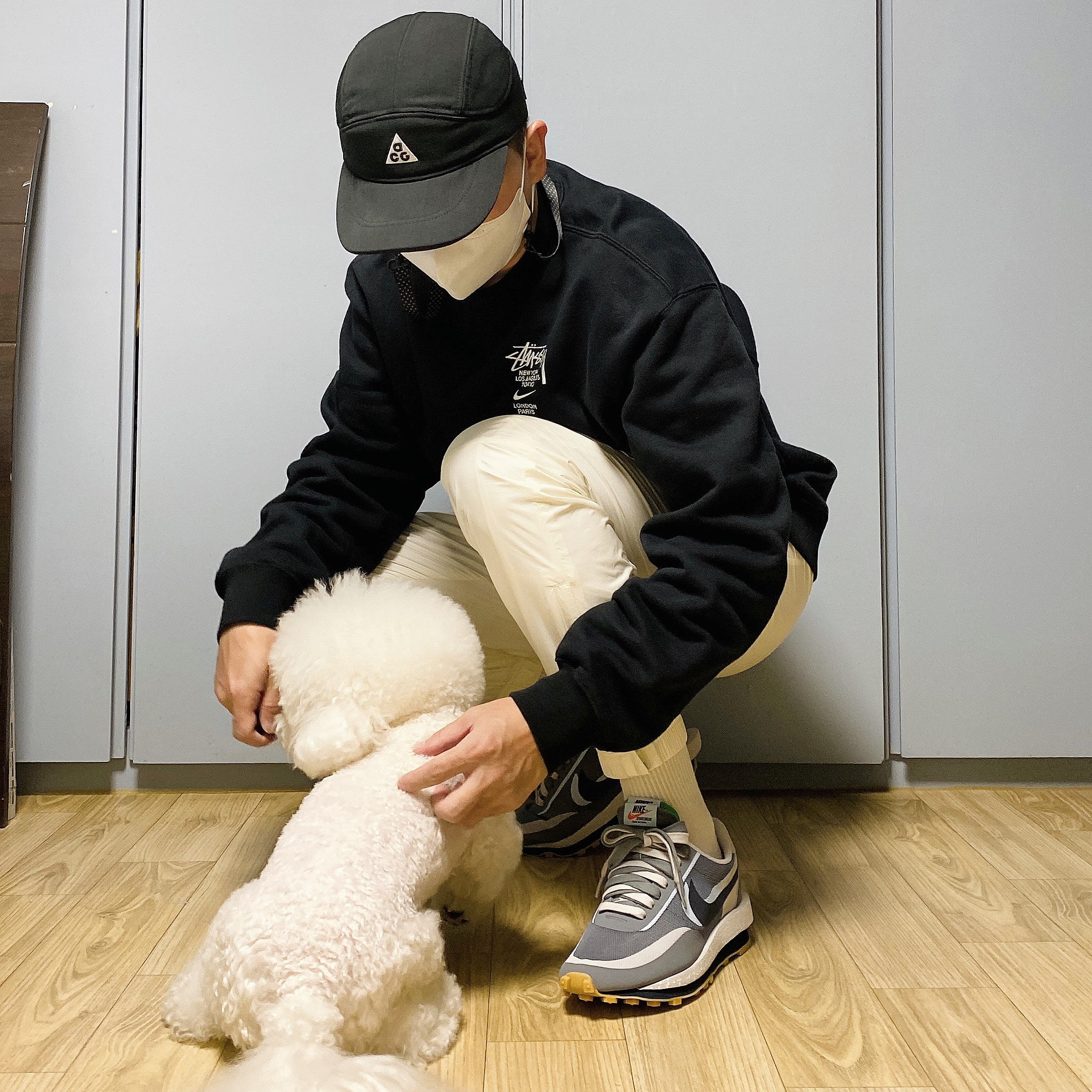 Nike x Stussy NRG ZR Fleece Crewneck Black - US/EU, Nike x Sacai x Clot LDWaffle Cool Grey 착용 스타일