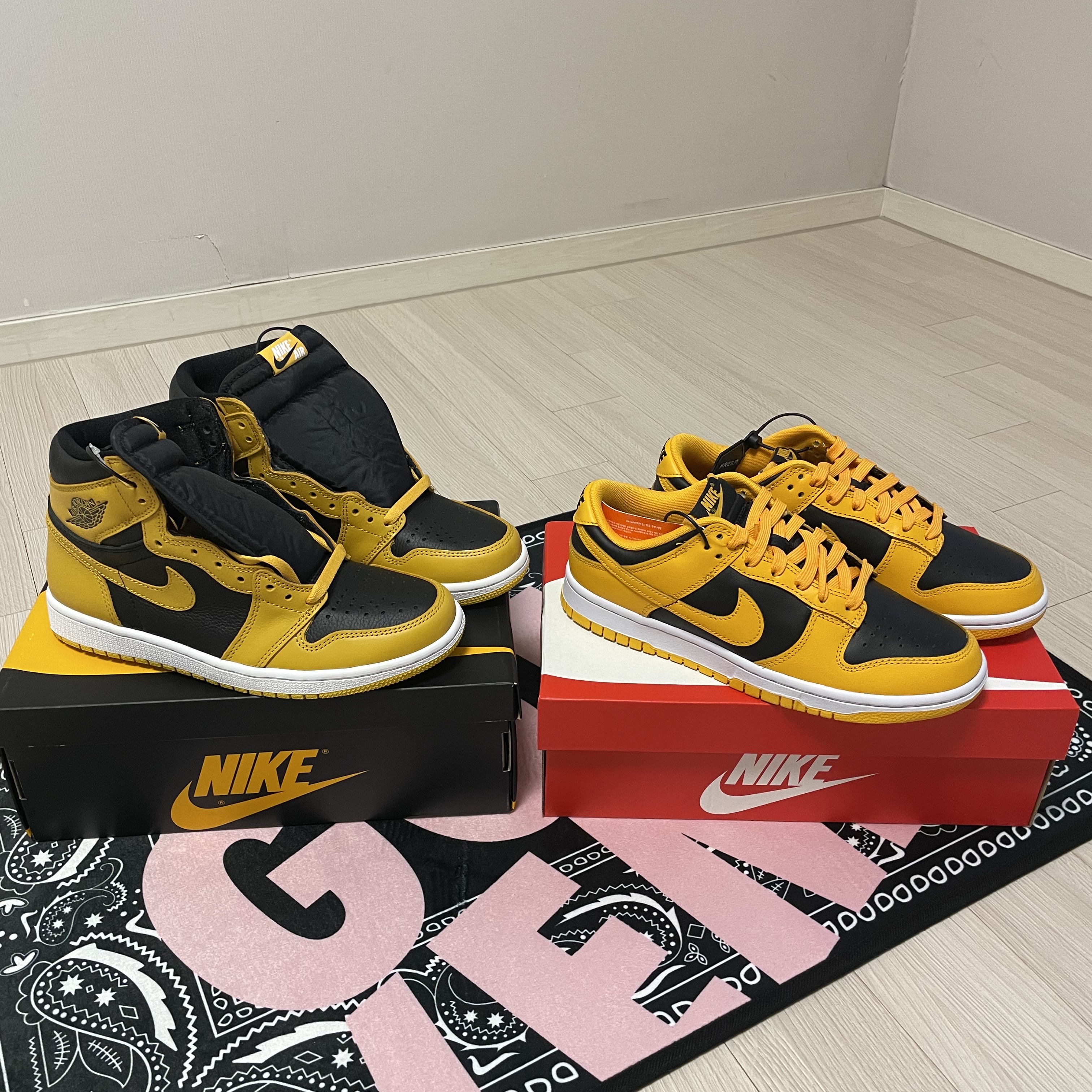 Nike Dunk Low Retro Championship Goldenrod, Jordan 1 Retro High OG Pollen 착용 스타일 - 2