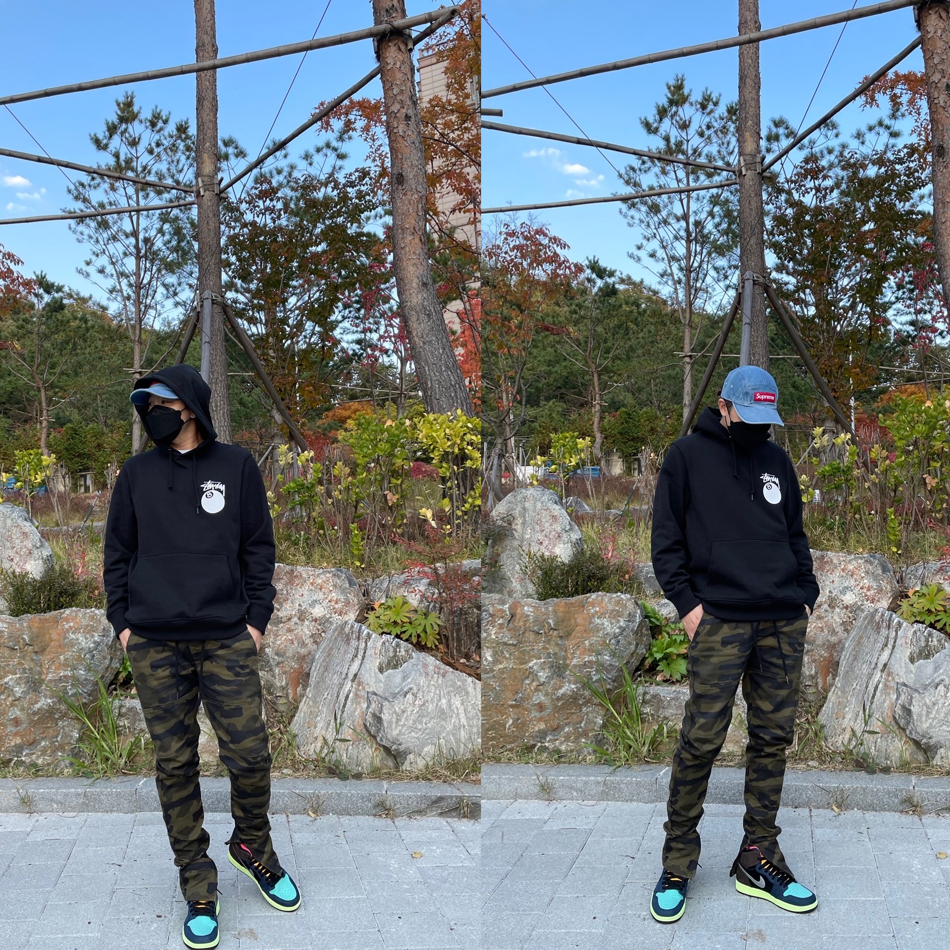 Jordan 1 Retro High Baroque Brown, Supreme Washed Chino Twill Camp Cap Denim - 21FW 착용 스타일 - 2