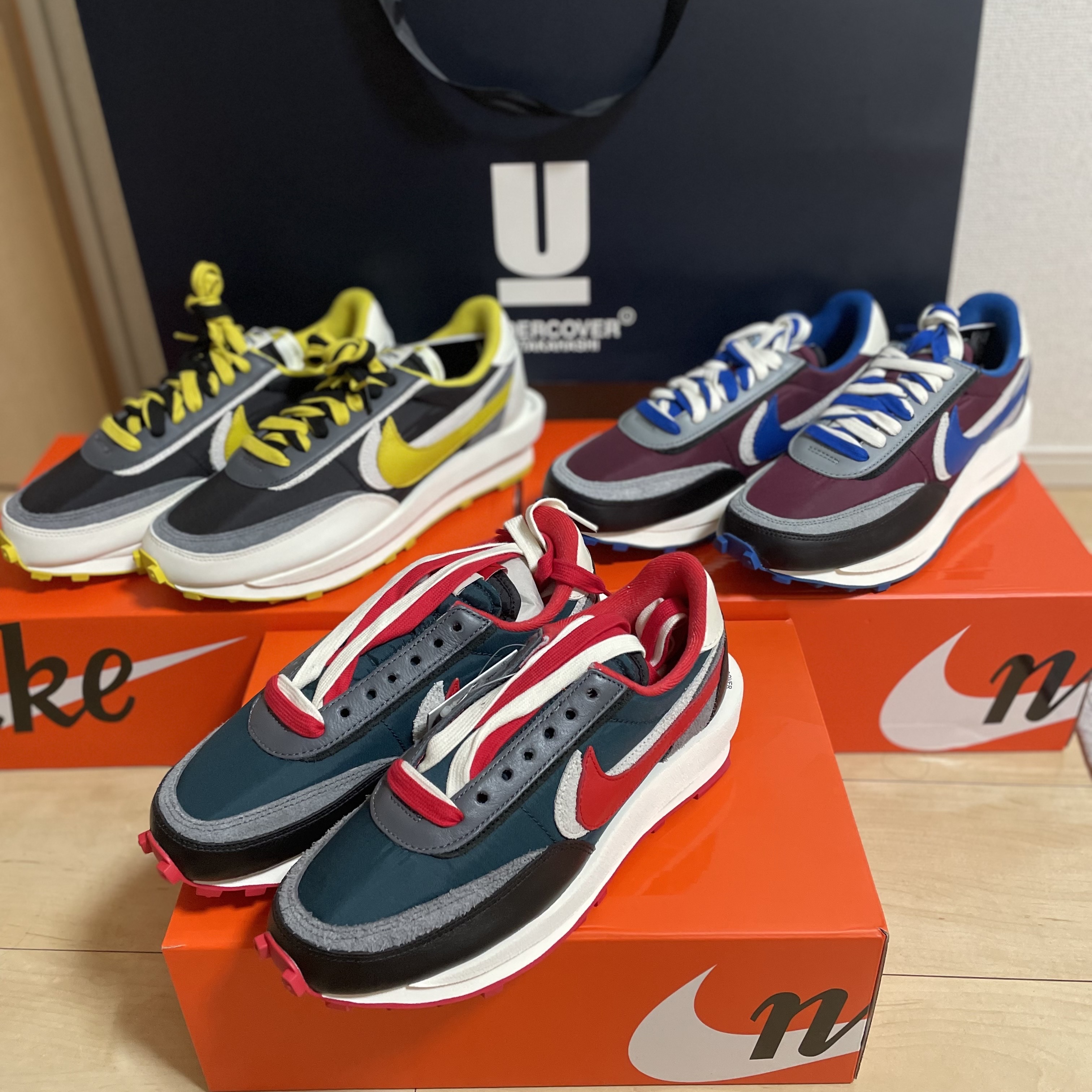 Nike x Sacai x Undercover LDWaffle Black Bright Citron, Nike x Sacai x Undercover LDWaffle Night Maroon Team Royal 착용 스타일 - 1