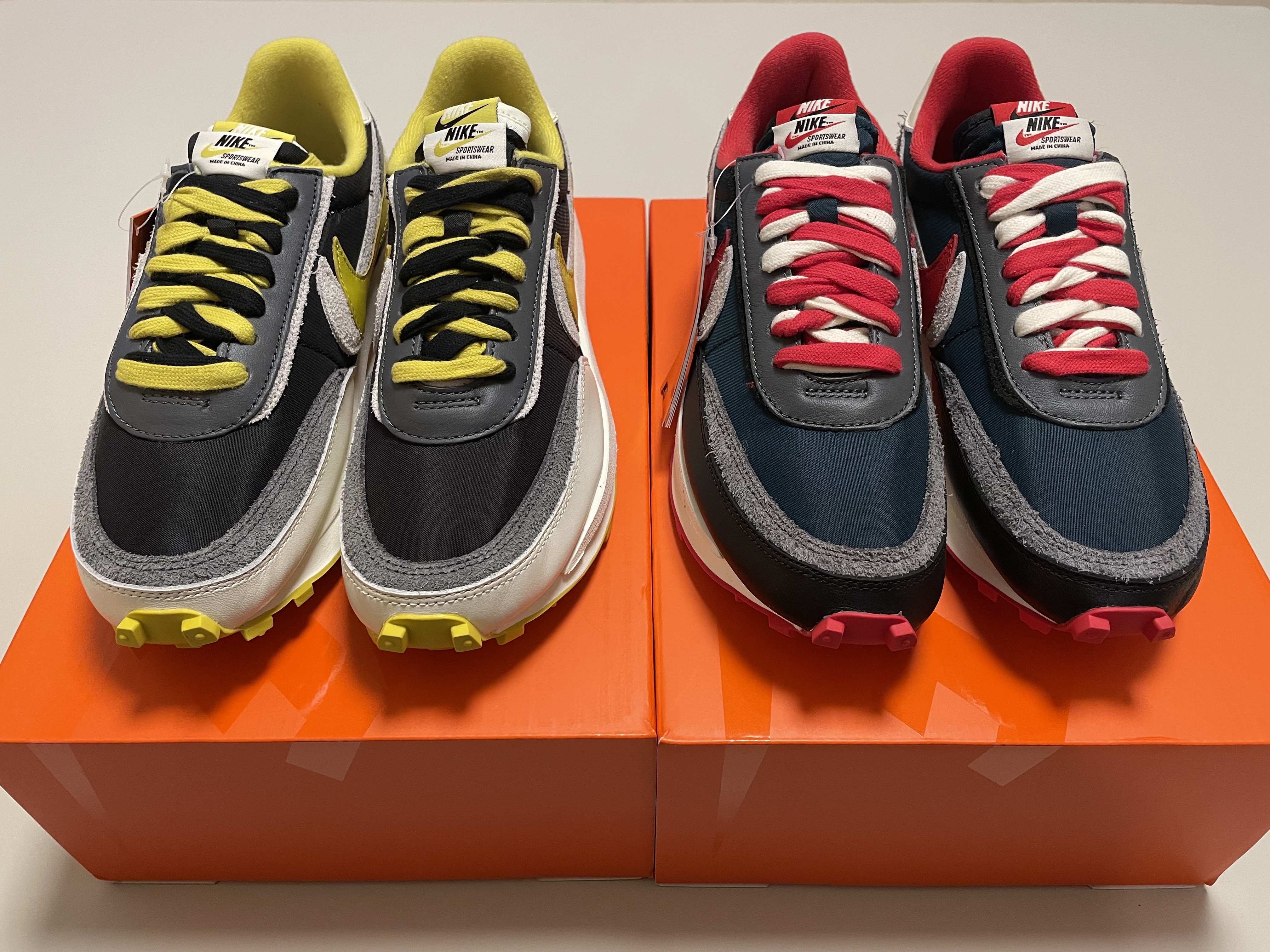 Nike x Sacai x Undercover LDWaffle Black Bright Citron, Nike x Sacai x Undercover LDWaffle Midnight Spruce University Red 착용 스타일 - 4