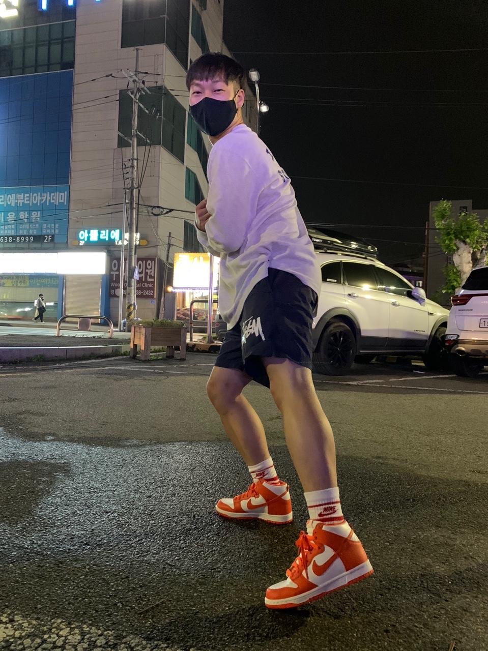 (GS) Nike Dunk High Orange Blaze, Nike x Stussy Water Shorts Off Noir 착용 스타일