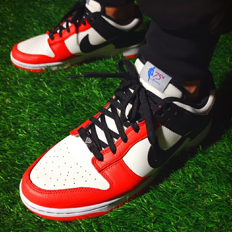 Nike x NBA Dunk Low Retro EMB Black and Chile Red 착용 스타일 - 5