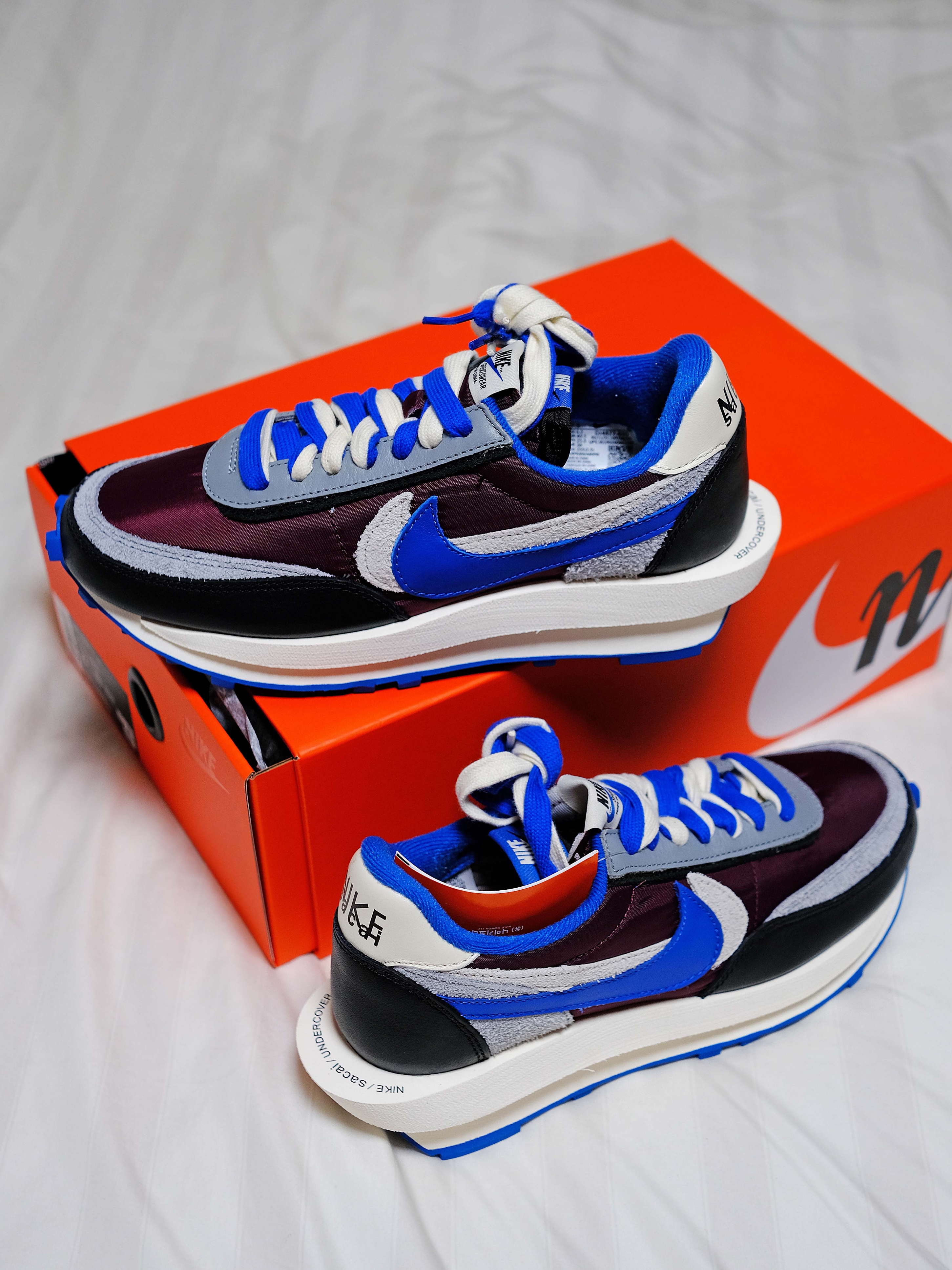 Nike x Sacai x Undercover LDWaffle Night Maroon Team Royal, Nike x Sacai x Undercover LDWaffle Black Bright Citron 착용 스타일 - 1