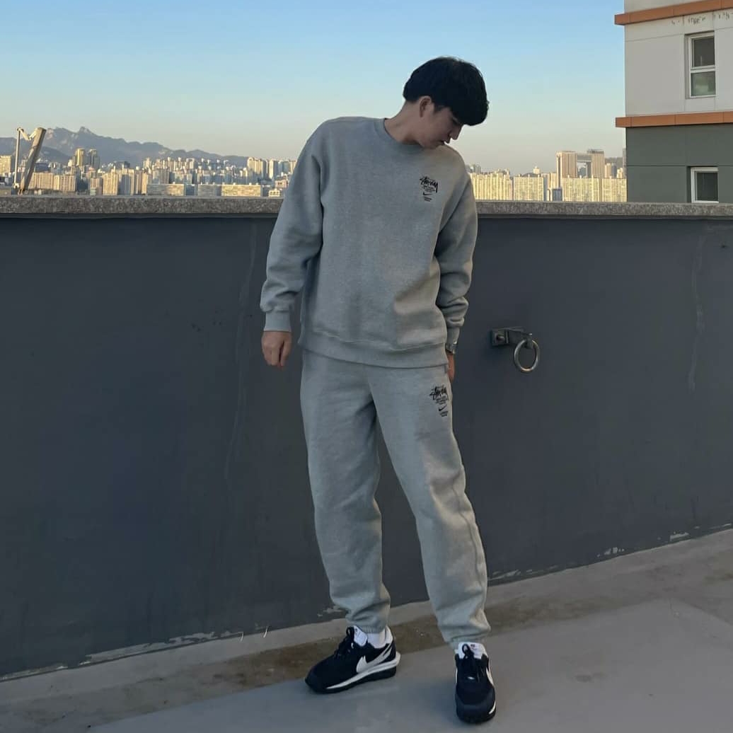 Nike x Stussy NRG ZR Fleece Crewneck Heather Grey - US/EU, Nike x Stussy NRG ZR Fleece Pants Heather Grey - US/EU 착용 스타일