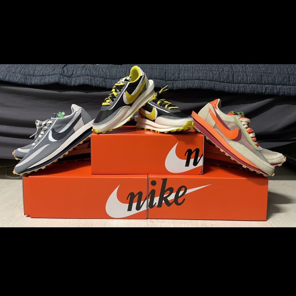 Nike x Sacai x Undercover LDWaffle Black Bright Citron, Nike x Sacai x Clot LDWaffle Cool Grey 착용 스타일