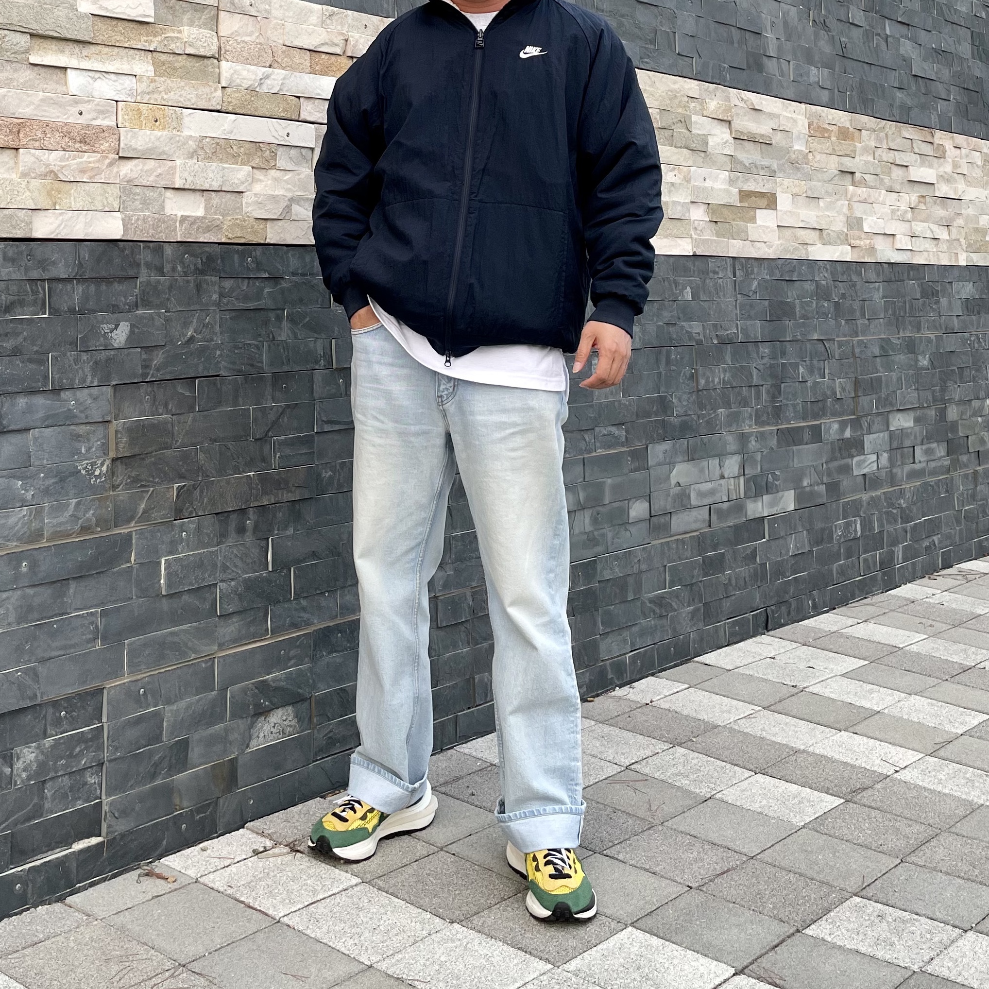 Nike x Sacai VaporWaffle Tour Yellow & Gorge Green Sail 착용 스타일