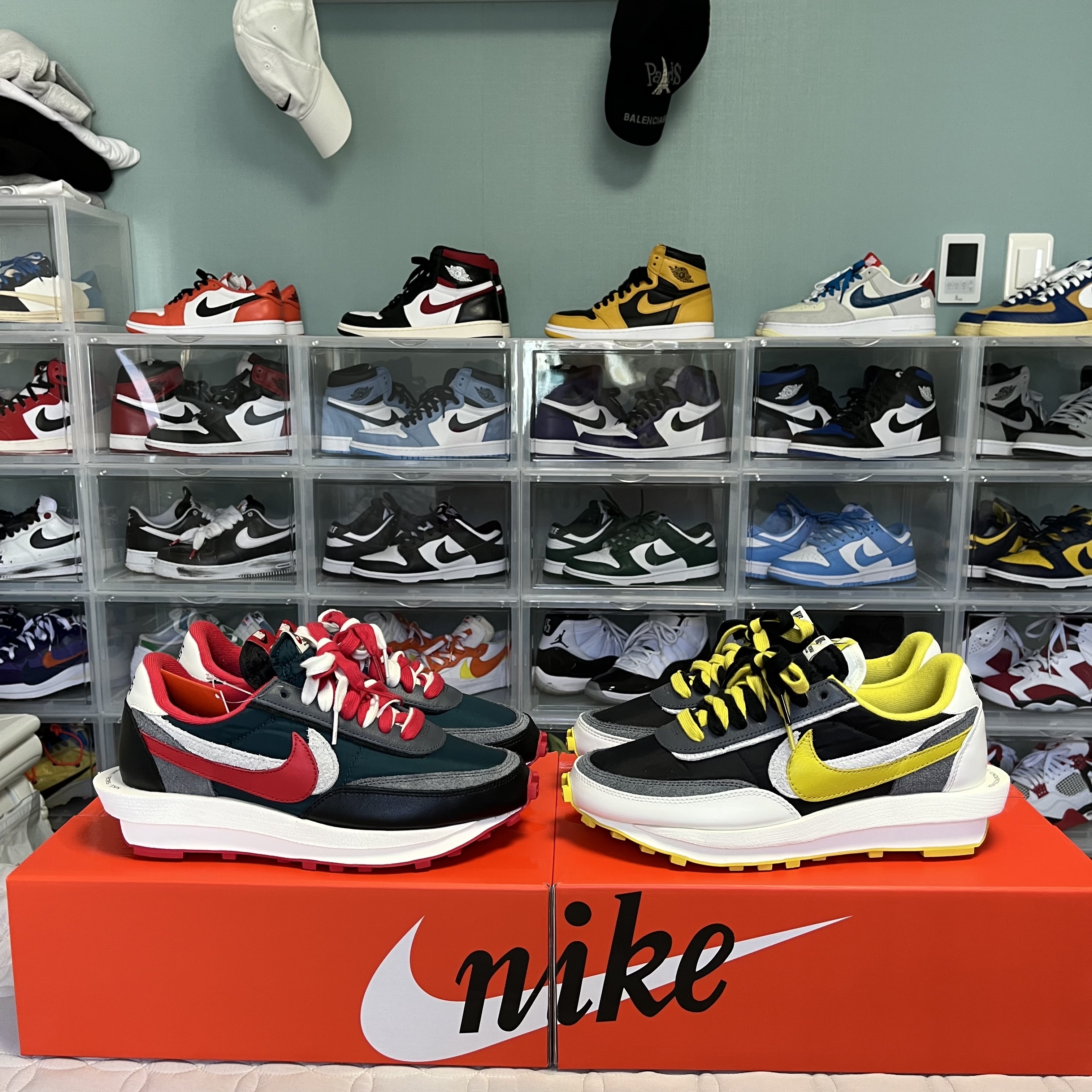 Nike x Sacai x Undercover LDWaffle Black Bright Citron, Nike x Sacai x Undercover LDWaffle Midnight Spruce University Red 착용 스타일