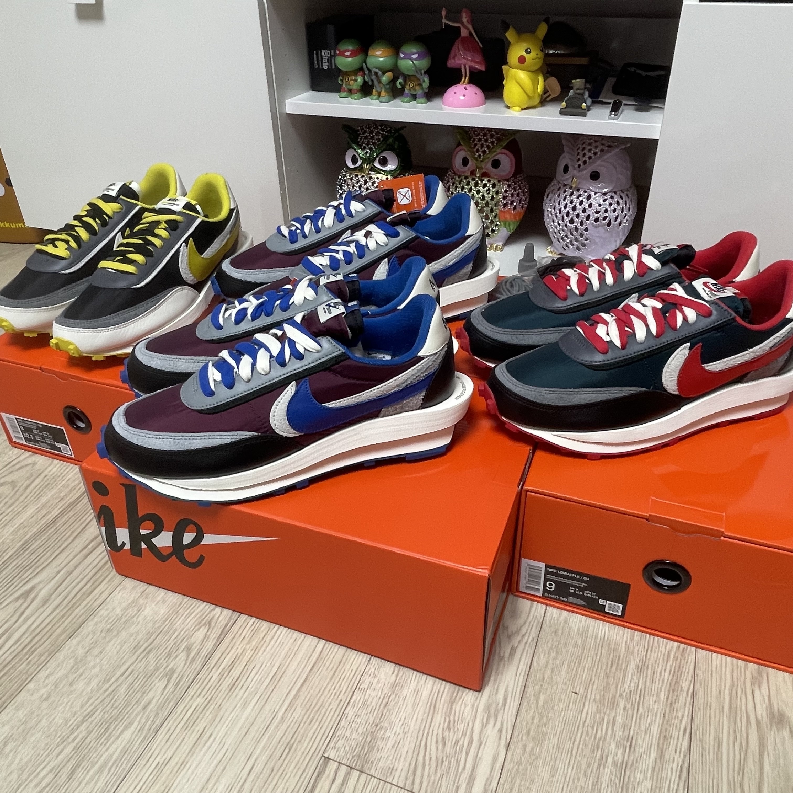 Nike x Sacai x Undercover LDWaffle Black Bright Citron, Nike x Sacai x Undercover LDWaffle Night Maroon Team Royal 착용 스타일