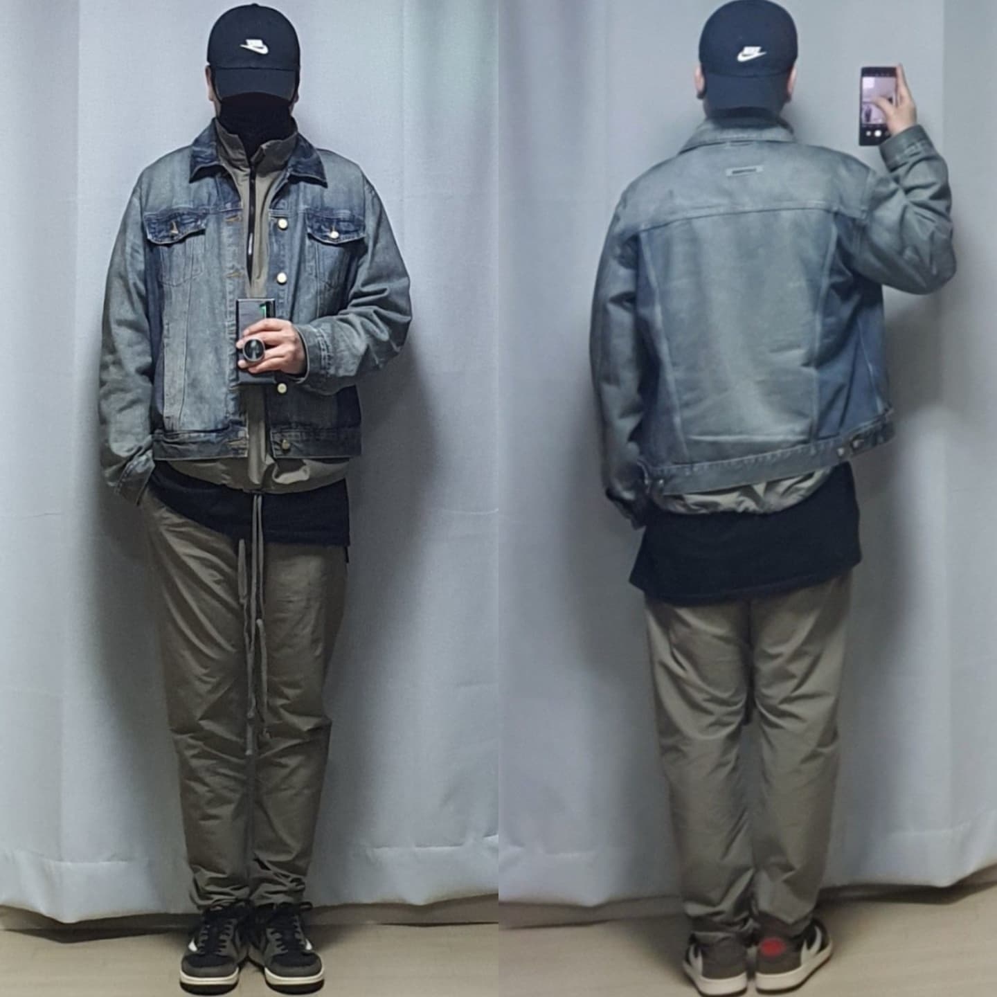 Essentials Denim Trucker Jacket Distressed Indigo - 20FW, Essentials Half-Zip Track Jacket Harvest - 21FW 착용 스타일 - 1
