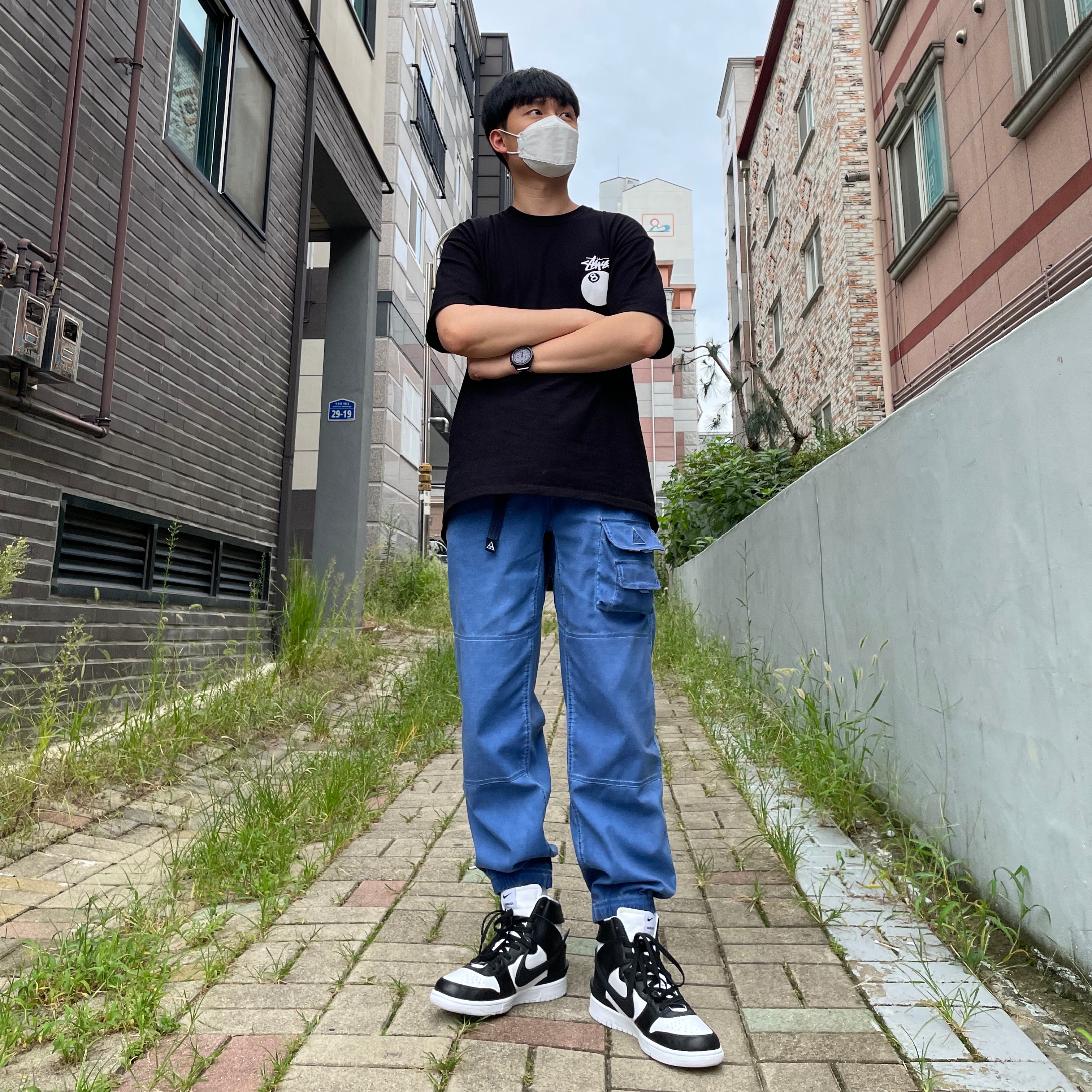 Nike ACG Watchman Peak Pants Blue Void - Asia, Stussy 8 Ball T-Shirt Black - 21SS 착용 스타일