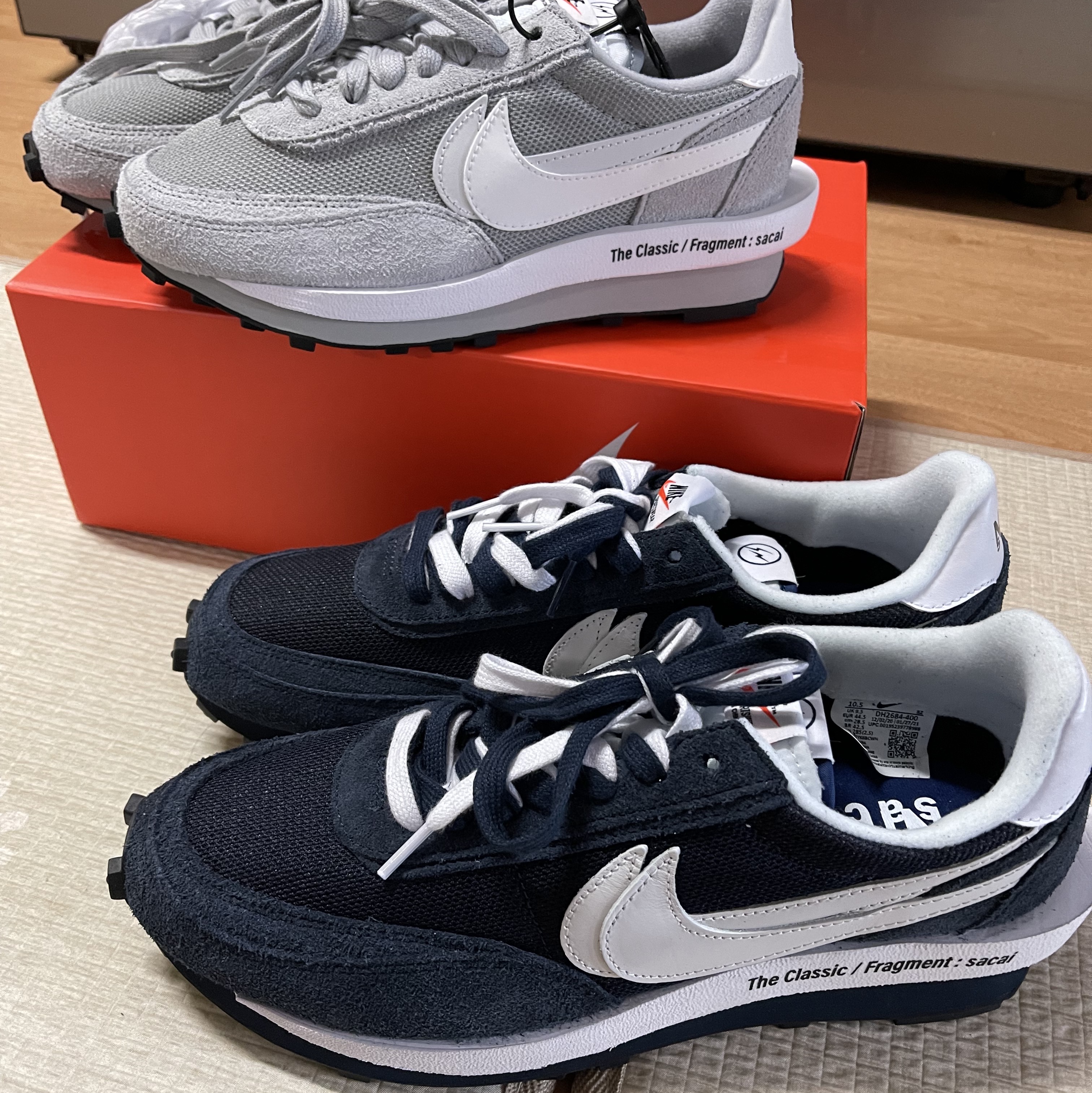 Nike x Sacai x Fragment LDWaffle Light Smoke Grey, Nike x Sacai x Fragment LDWaffle Blackened Blue 착용 스타일