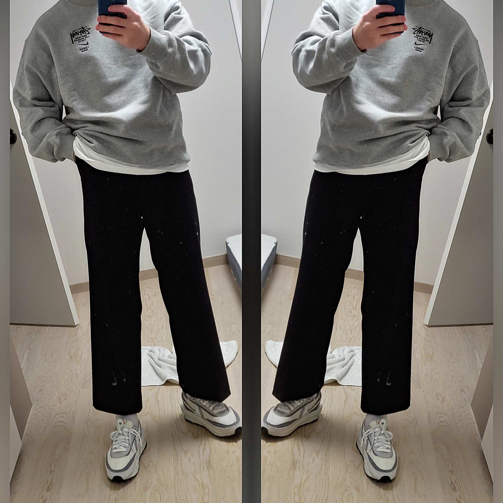 Nike x Sacai LDWaffle Summit White, Nike x Stussy NRG ZR Fleece Crewneck Heather Grey - US/EU 착용 스타일 - 1
