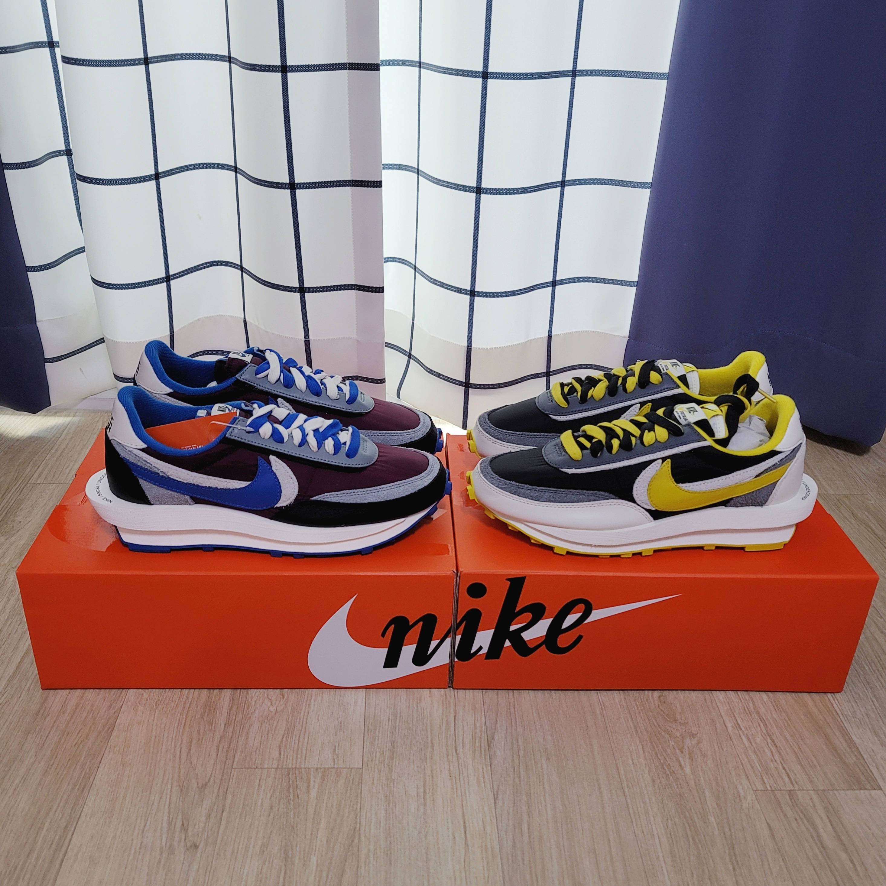 Nike x Sacai x Undercover LDWaffle Night Maroon Team Royal, Nike x Sacai x Undercover LDWaffle Black Bright Citron 착용 스타일