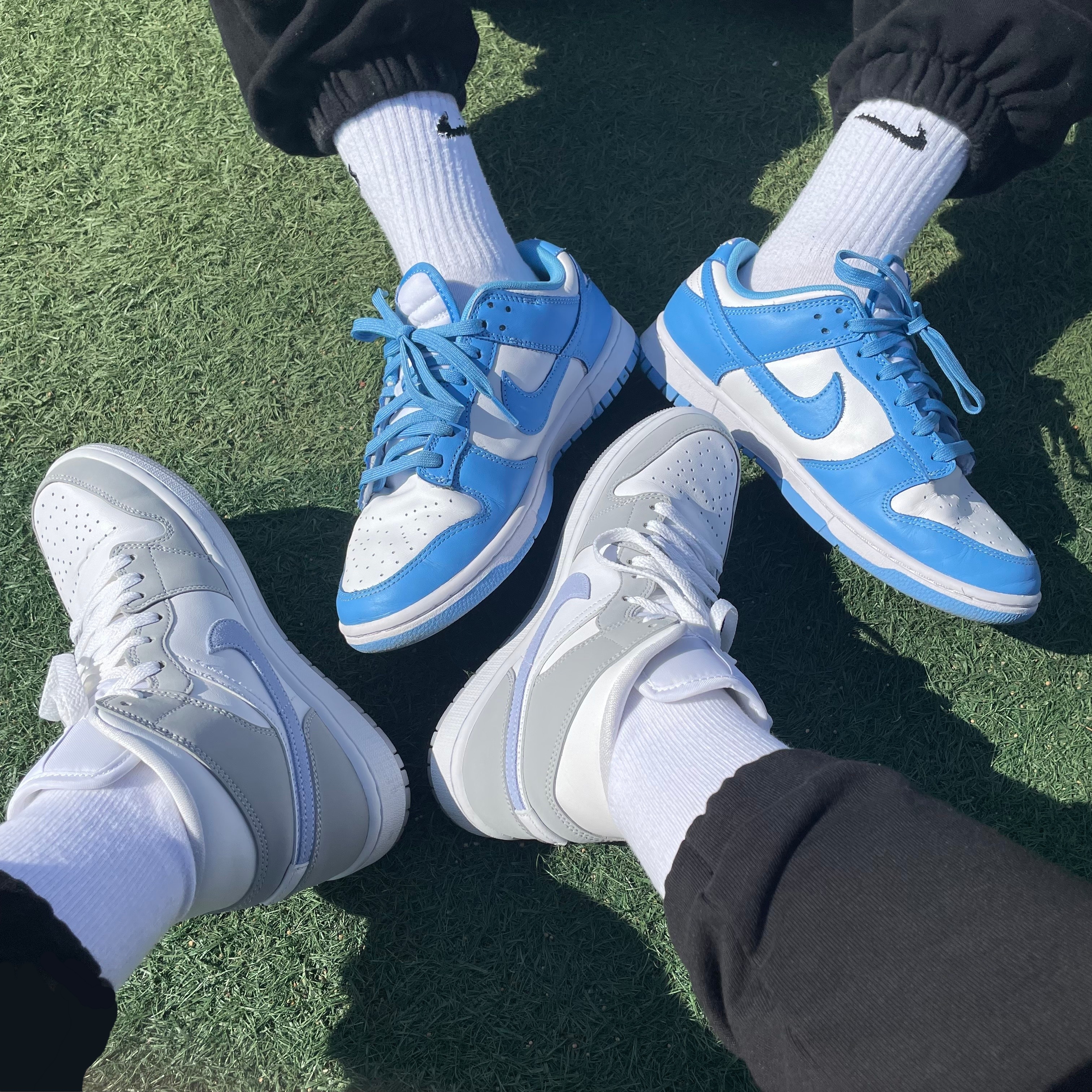 (W) Jordan 1 Mid Wolf Grey, Nike Dunk Low Retro University Blue 착용 스타일