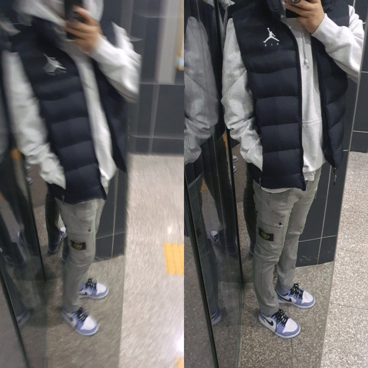 Stussy Basic Stussy Hoodie Ash Heather 2021, Jordan 1 Retro High OG University Blue 착용 스타일