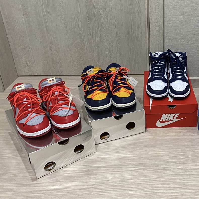 Nike x Off-White Dunk Low University Red, Nike x Off-White Dunk Low University Gold Midnight Navy 착용 스타일 - 1