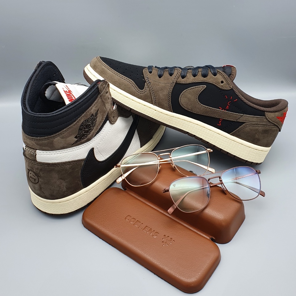Jordan 1 x Travis Scott Retro High OG SP Mocha, Jordan 1 x Travis Scott x Fragment Retro Low OG SP Military Blue 착용 스타일