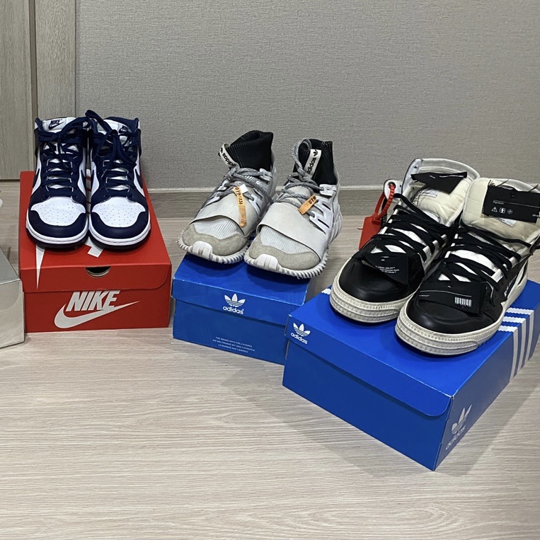 Nike x Off-White Dunk Low University Red, Nike x Off-White Dunk Low University Gold Midnight Navy 착용 스타일 - 2