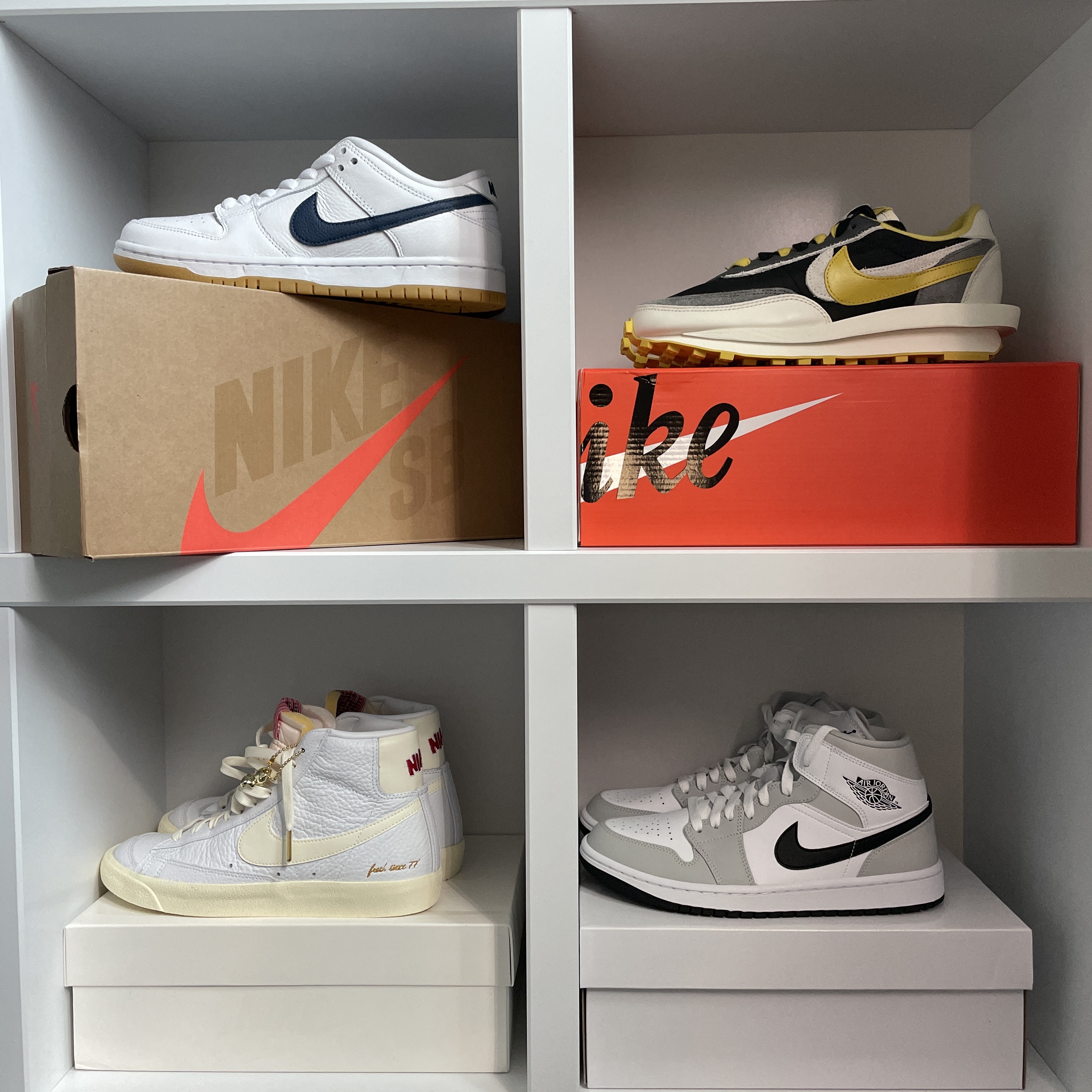 Nike SB Dunk Low Pro ISO Orange Label White Navy, Nike Blazer Mid '77 Vintage Popcorn 착용 스타일