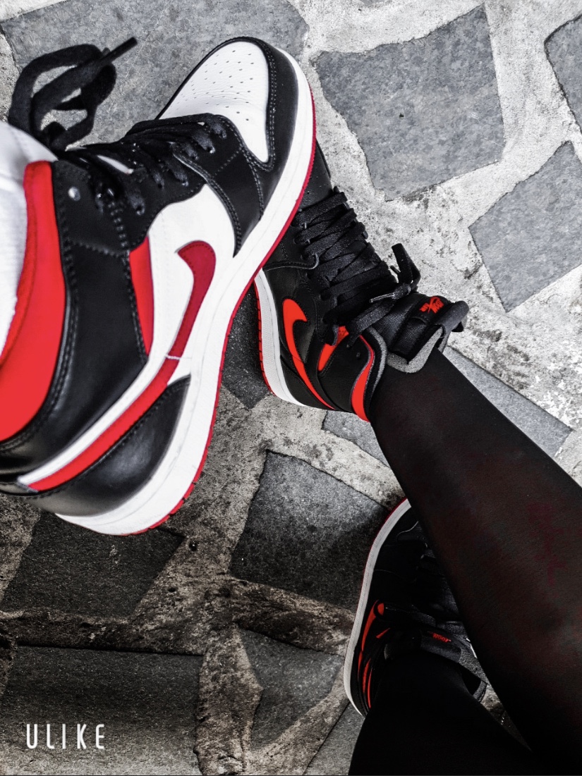 Jordan 1 Mid Gym Red Black White, (W) Jordan 1 Zoom Air CMFT Bred 착용 스타일