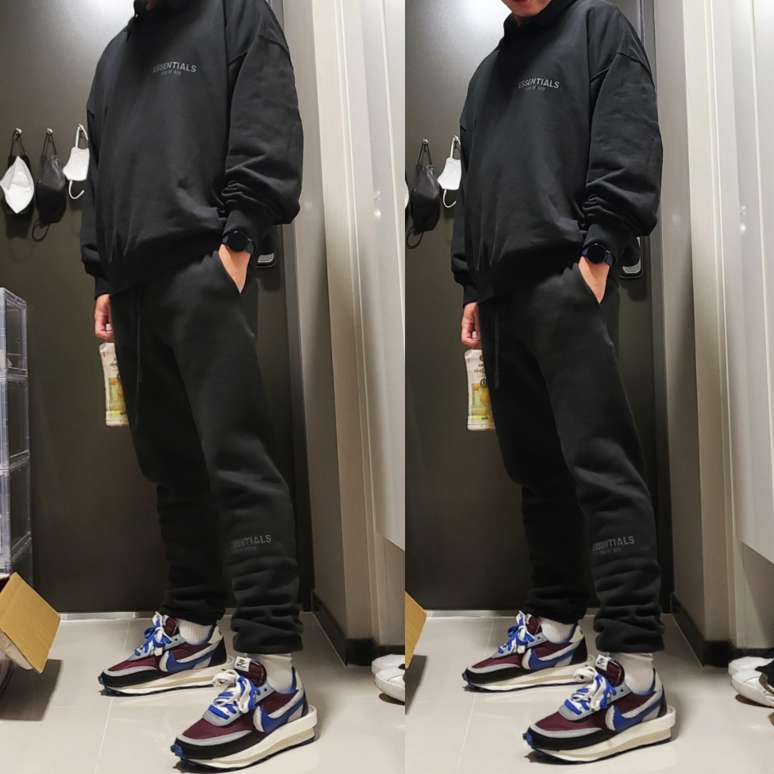 Nike x Sacai x Undercover LDWaffle Night Maroon Team Royal, Essentials Sweatpants Black - 21SS 착용 스타일