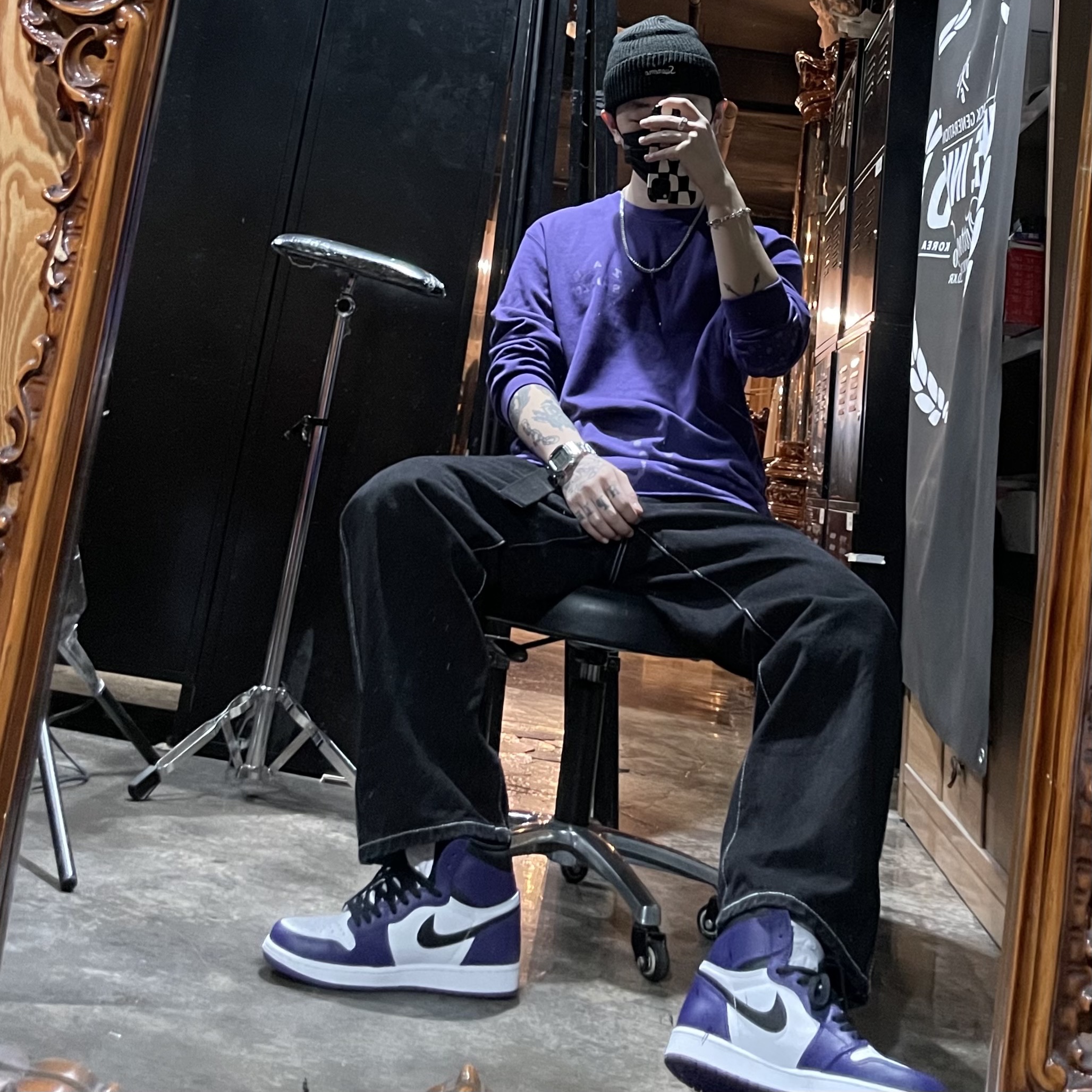 Jordan 1 Retro High OG Court Purple 2020, Supreme Loose Gauge Beanie Black 착용 스타일